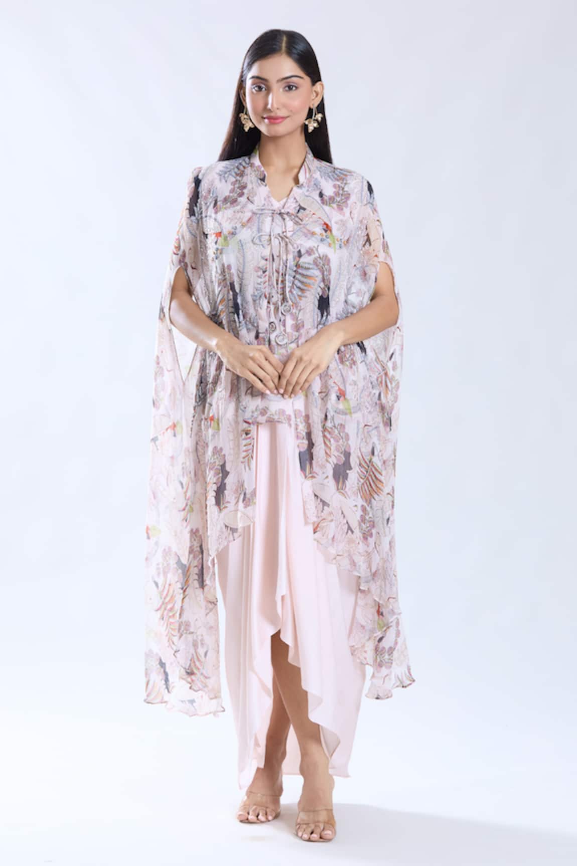 Preeti Jhawar Gardenia Print & Embroidered Cape Dhoti Skirt Set