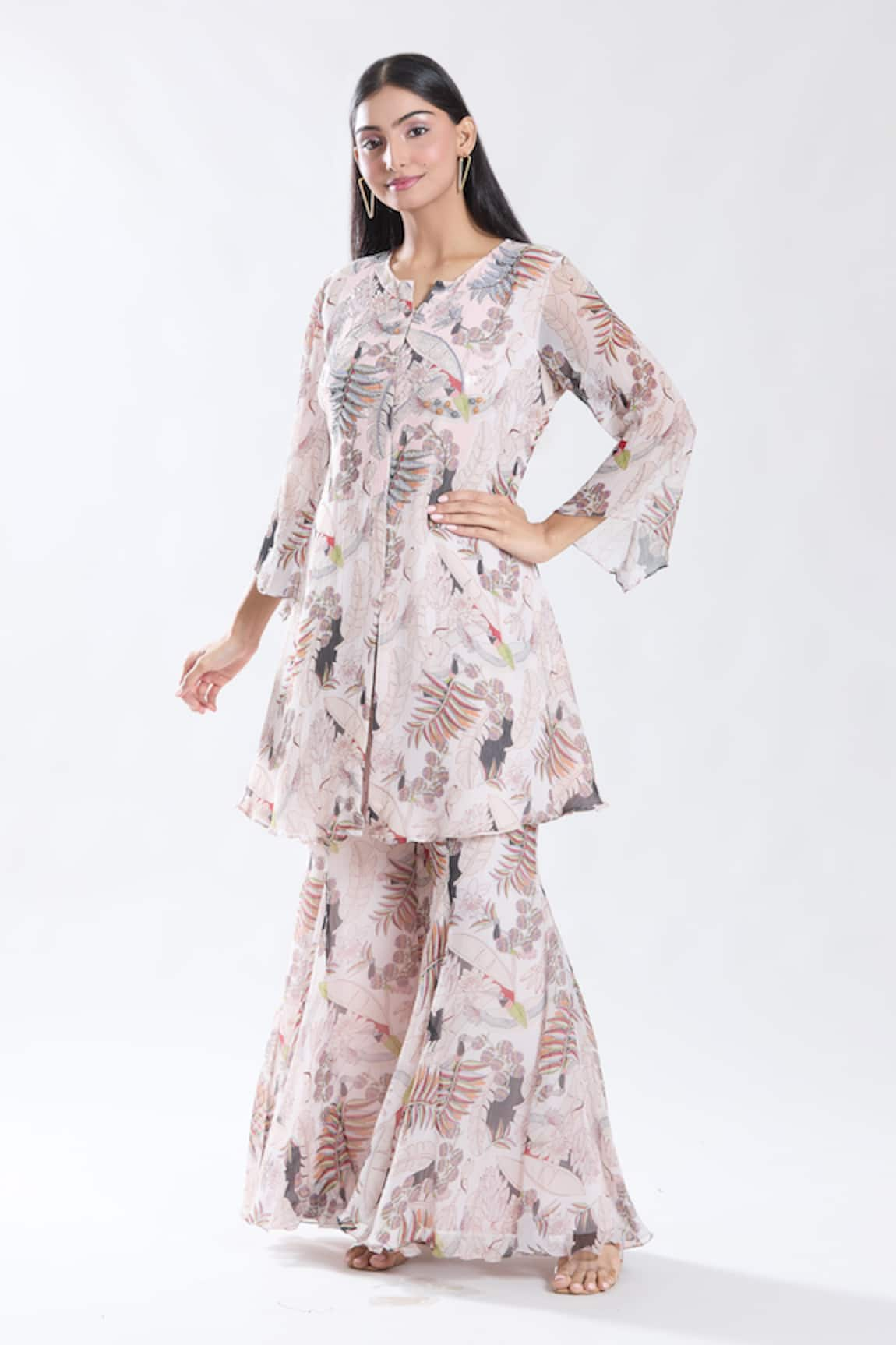 Preeti Jhawar Tropical Era Print & Sequin Yoke Embroidered Kurta With Sharara