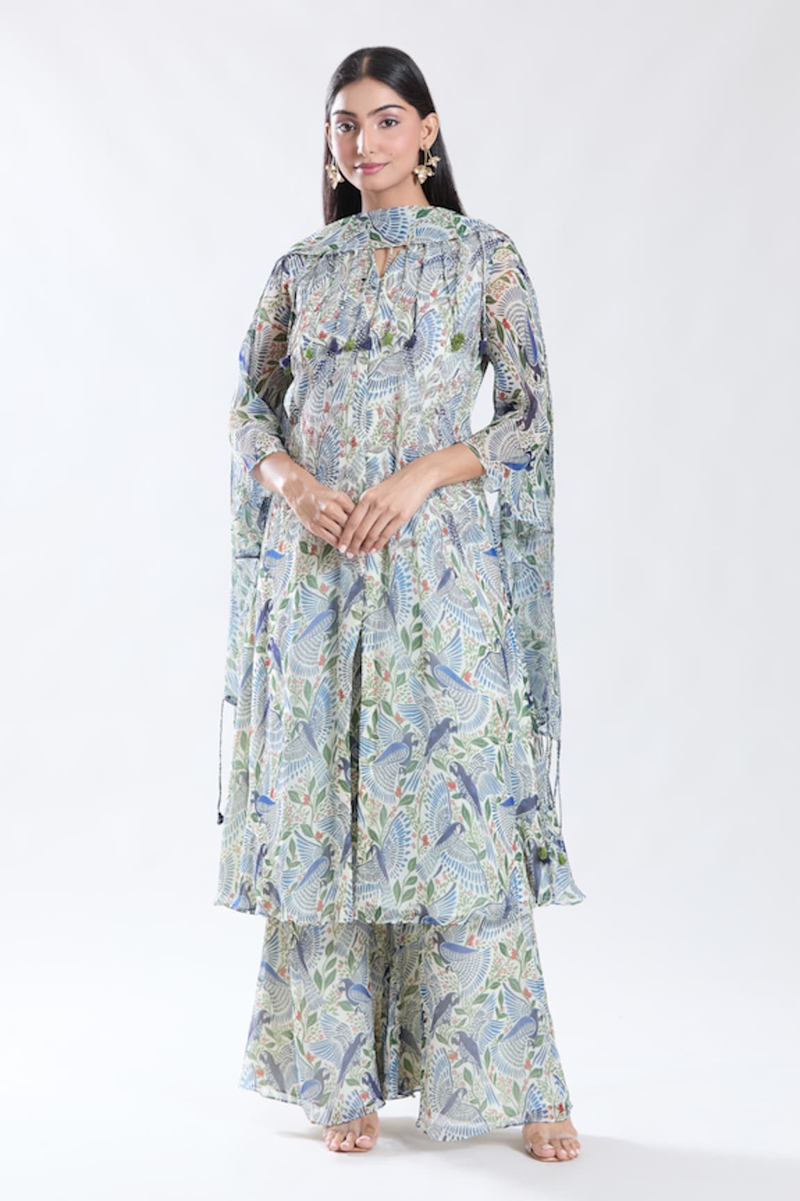 Preeti Jhawar Macaw Print & Embroidered Anarkali Set