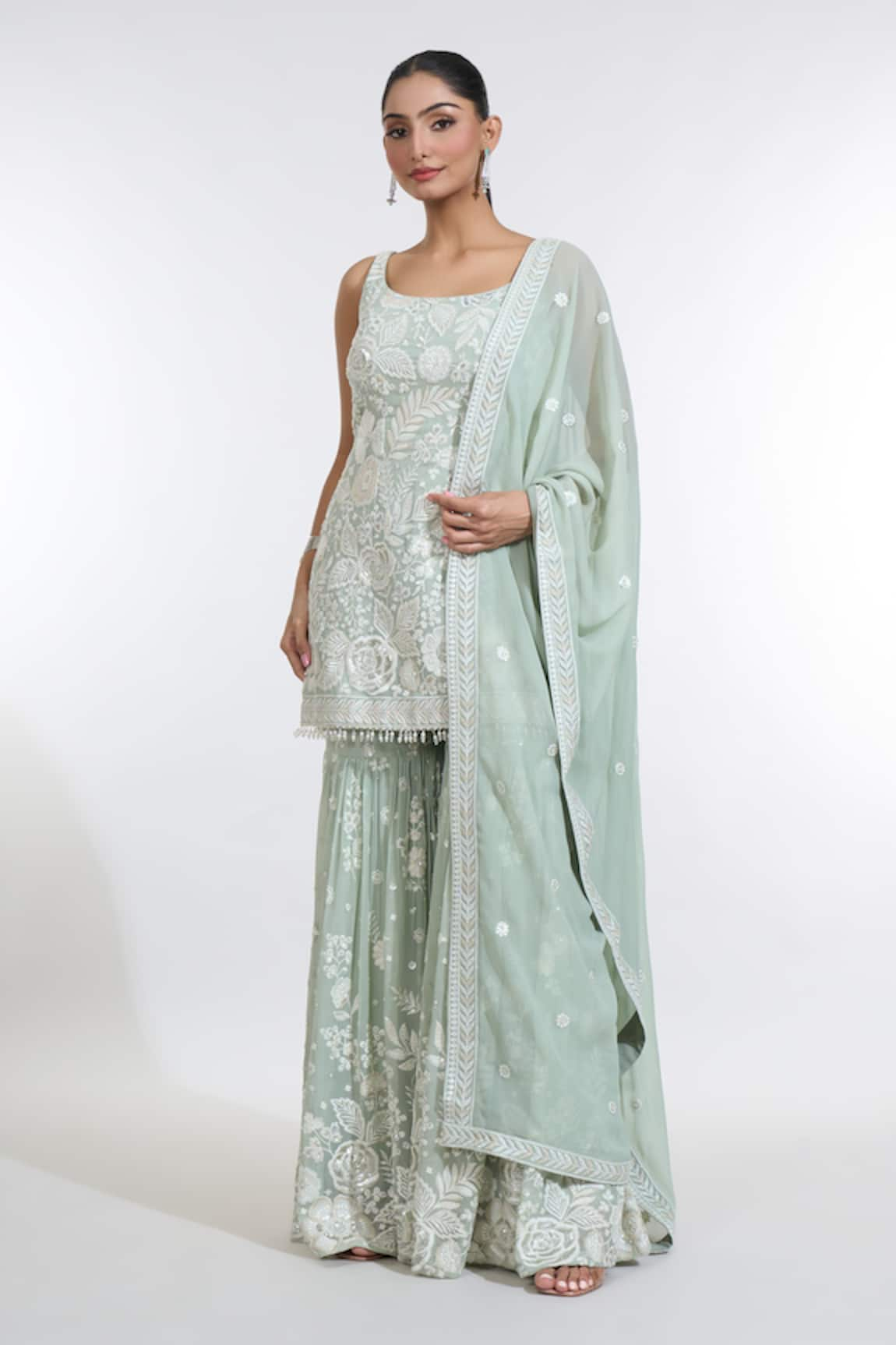 MeenaGurnam Floral Embroidered Kurta Sharara Set