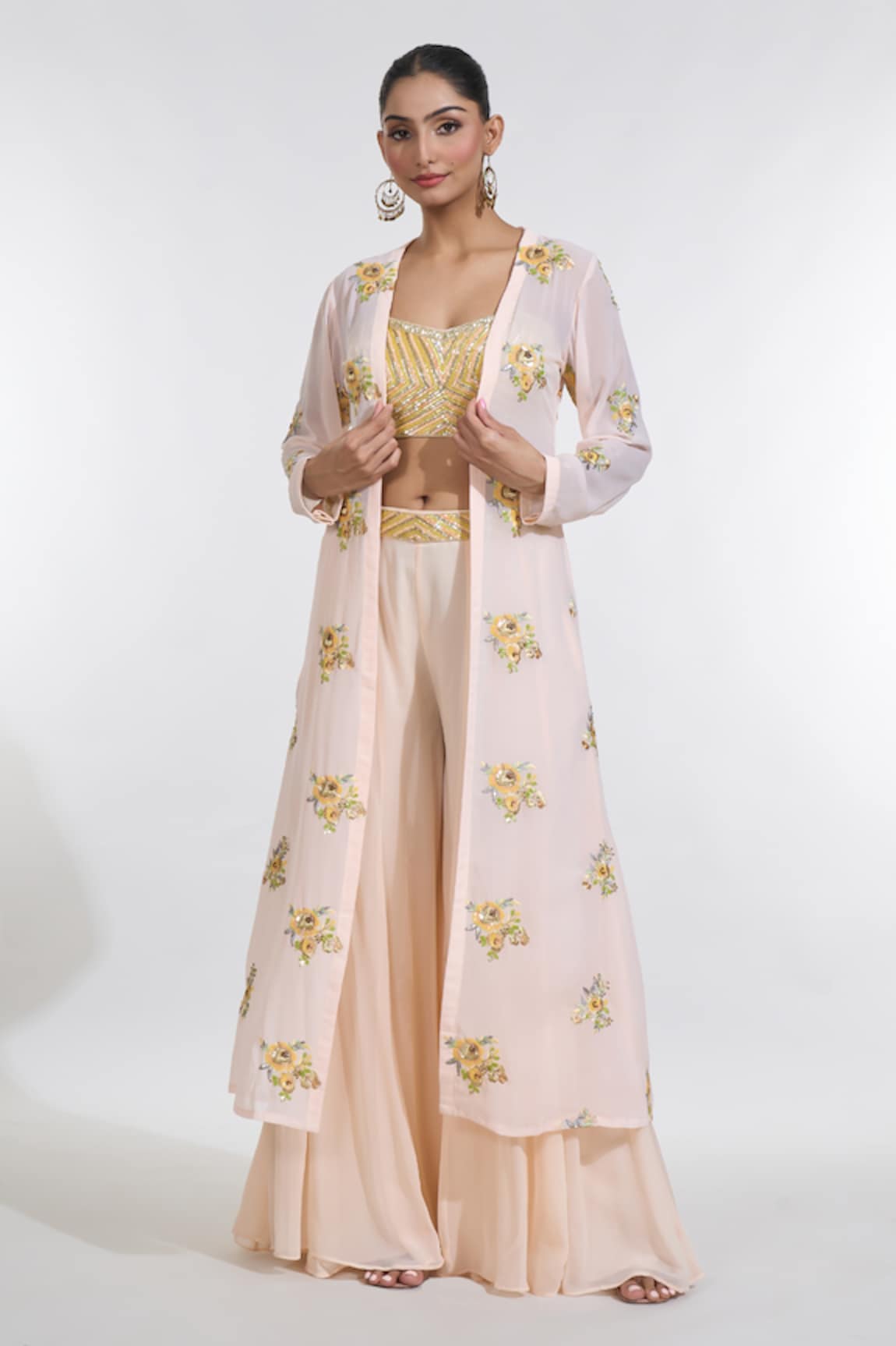 MeenaGurnam Sunny Bloom Sequin Embroidered Cape Sharara Set