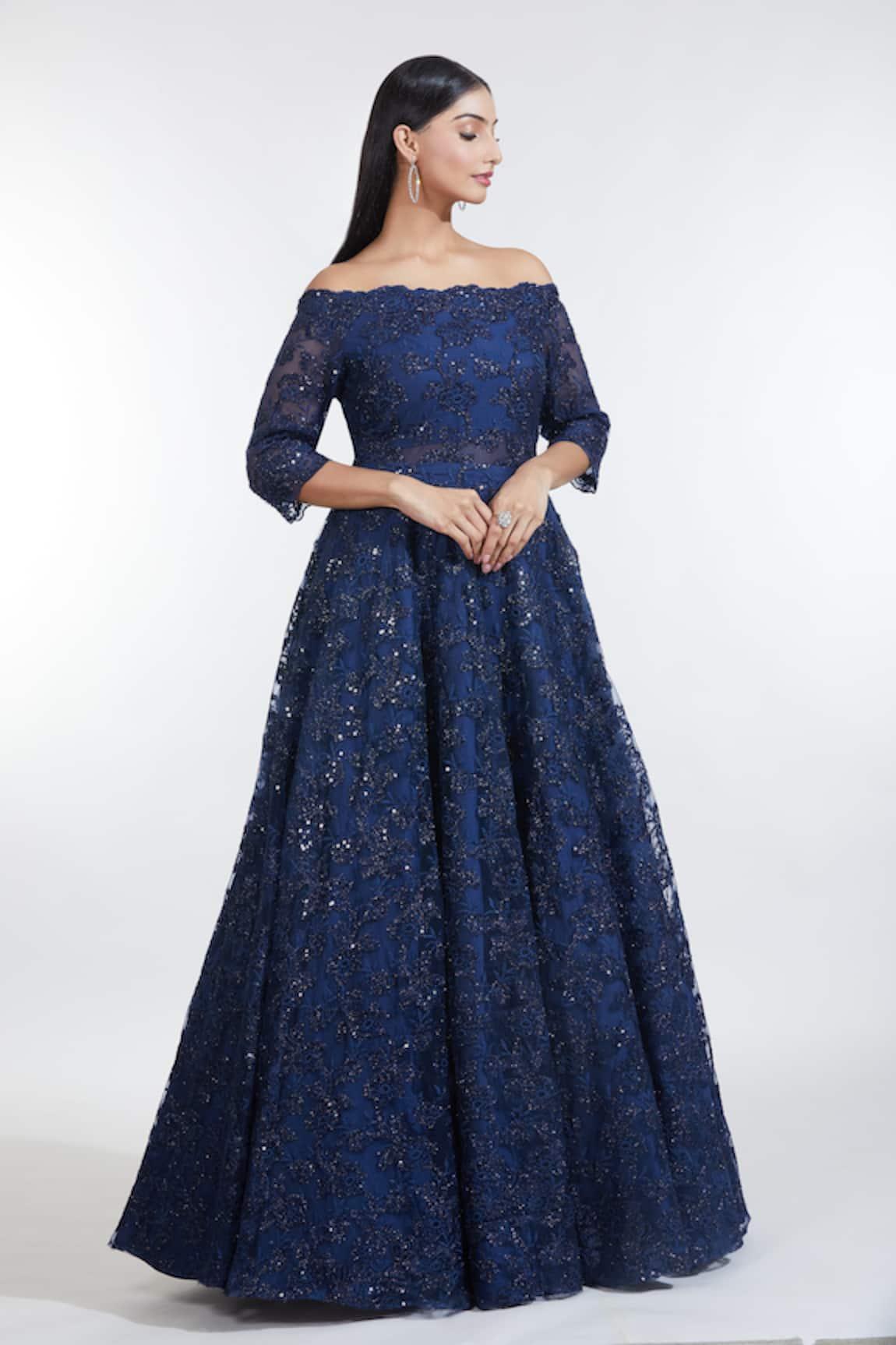 MeenaGurnam Iris Bloom Resham Embroidered Off Shoulder Gown