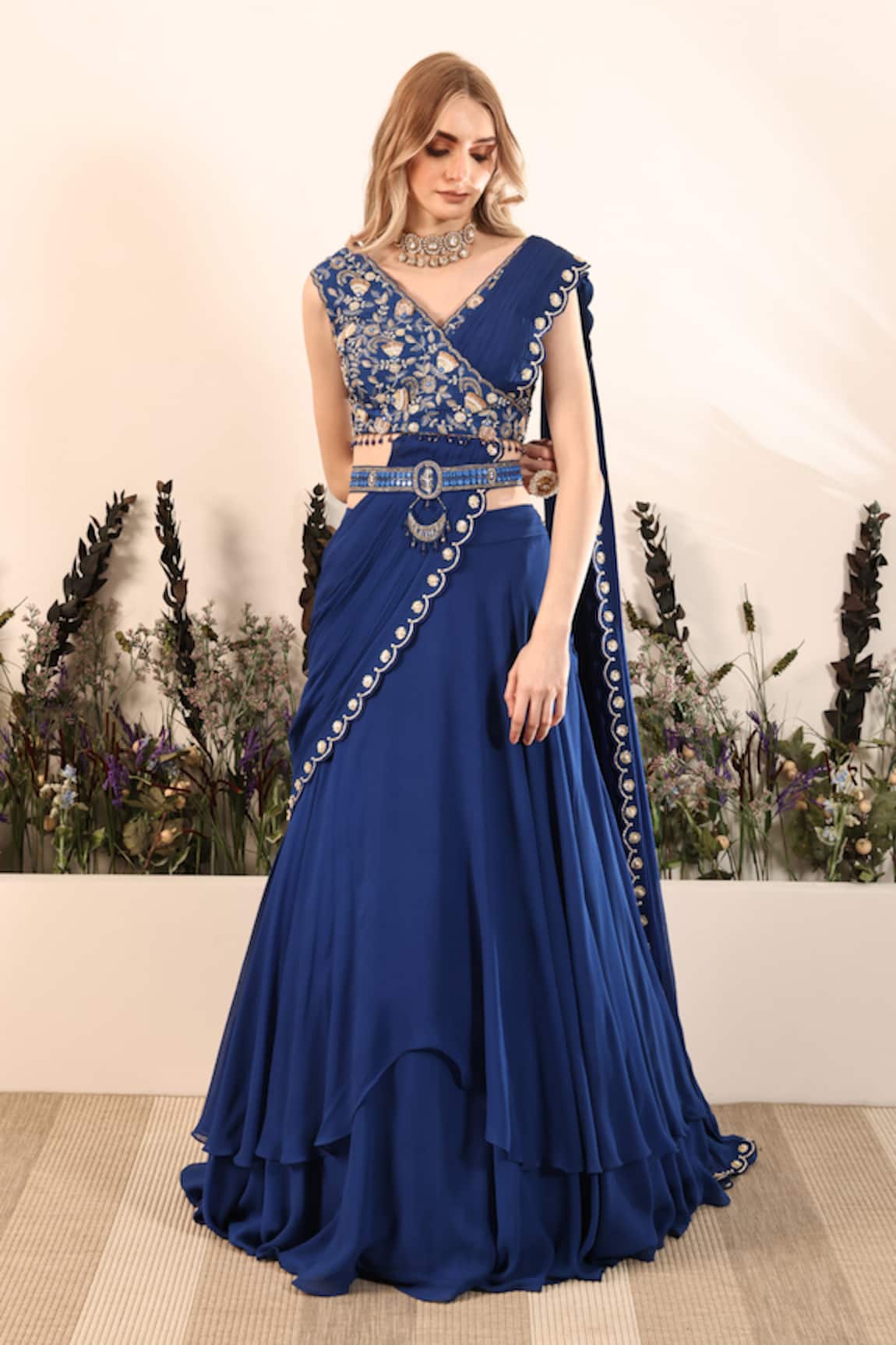Nayna Kapoor Sapphire Serenade Pre-Draped Saree With Blouse