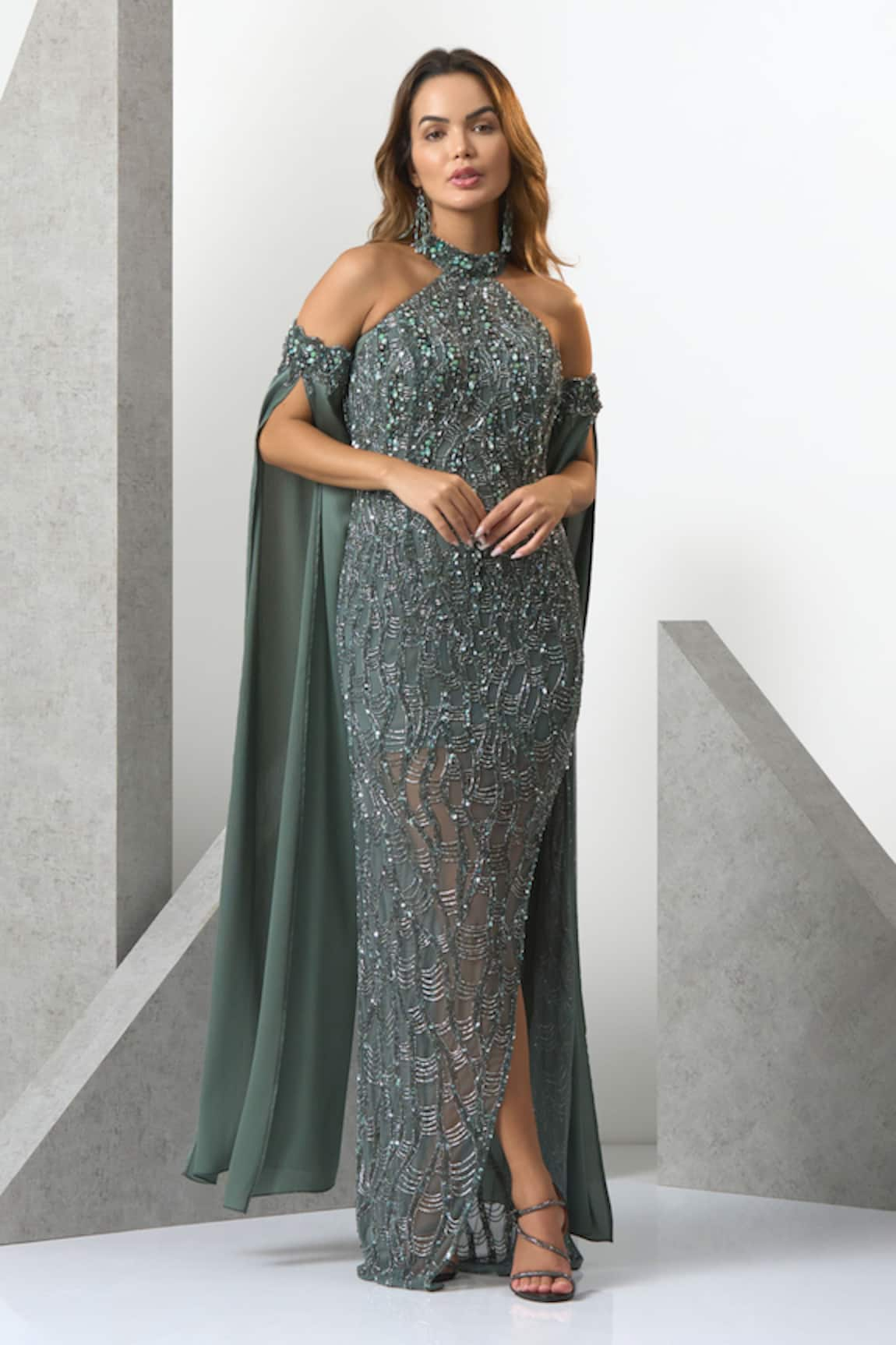 Eli Bitton Crystal & Bead Embroidered Halter Neck Gown