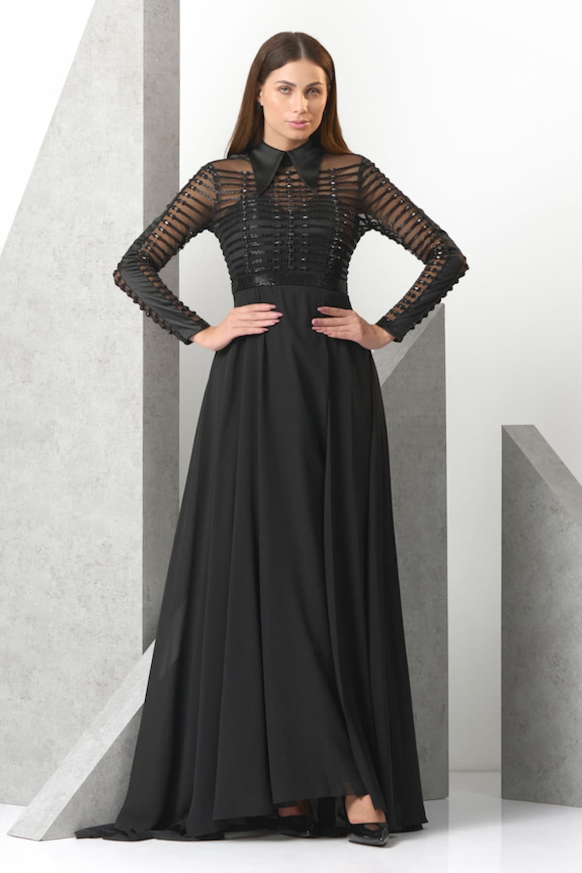 Eli Bitton Wing Collar Embroidered Slit Gown