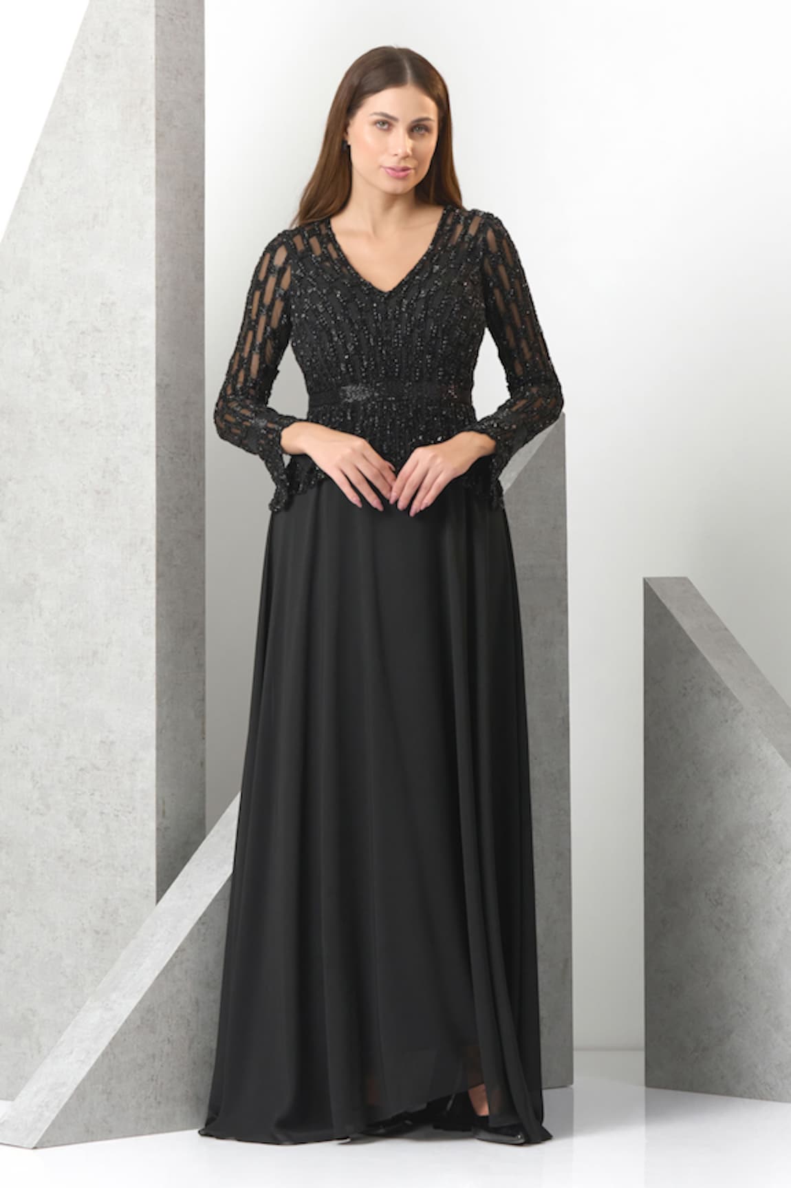 Eli Bitton Sequins & Pearls Embroidered Flared Gown