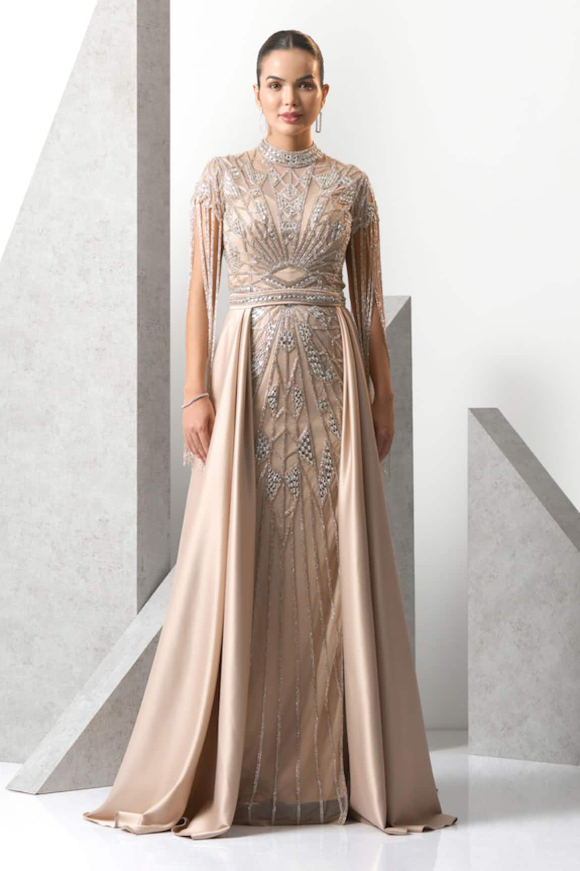 Eli Bitton Geometric Embroidered High Neck Gown