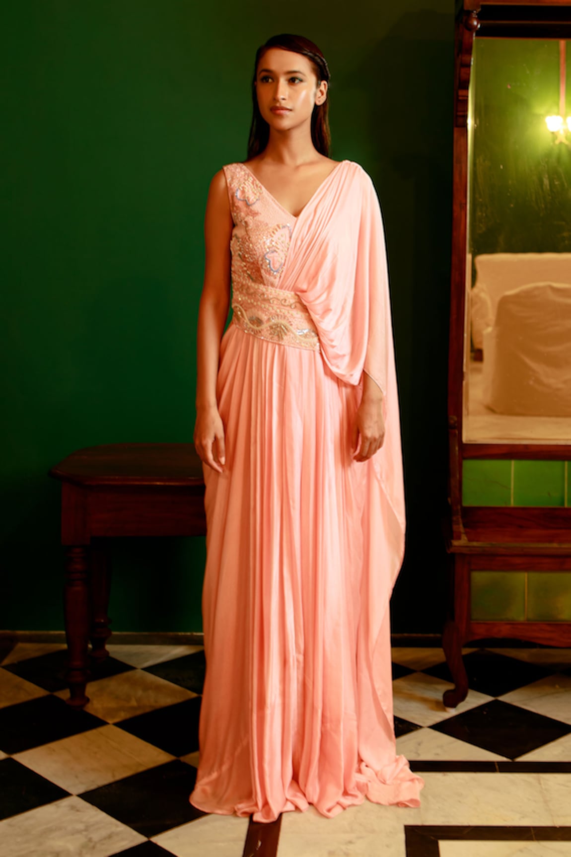 Pavone by Akanksha Chopra Hand Work Gown With Attached Drape