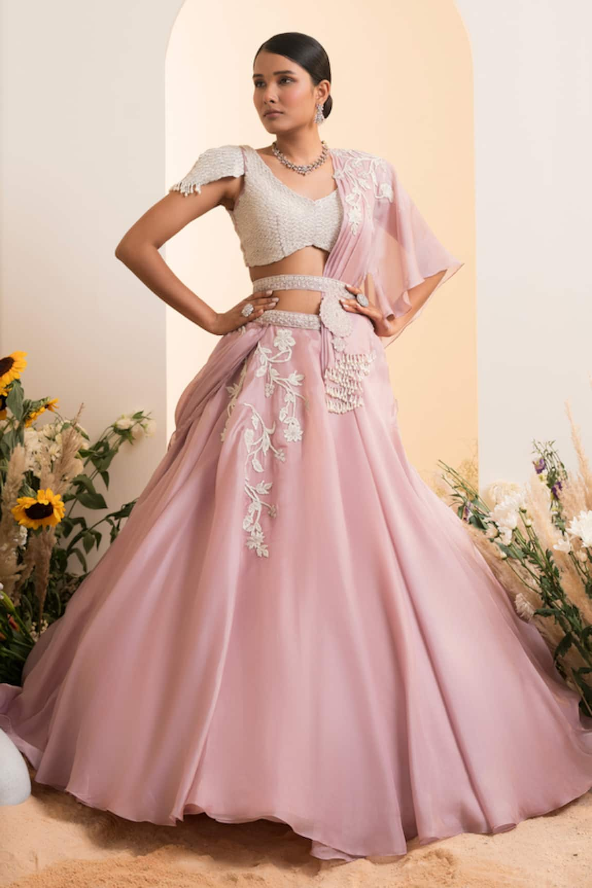 PRESTO COUTURE Pearl Embellished Floral Lehenga Set