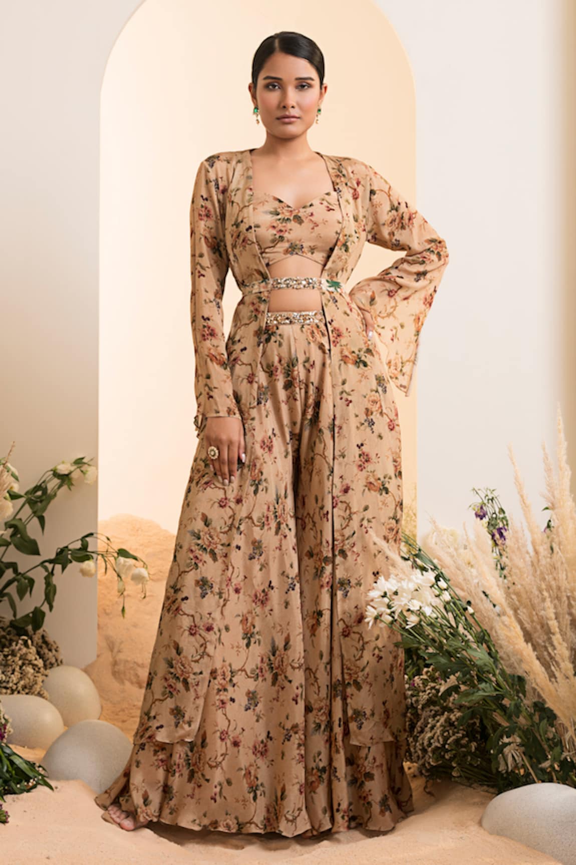 PRESTO COUTURE Floral Print Cape Sharara Set