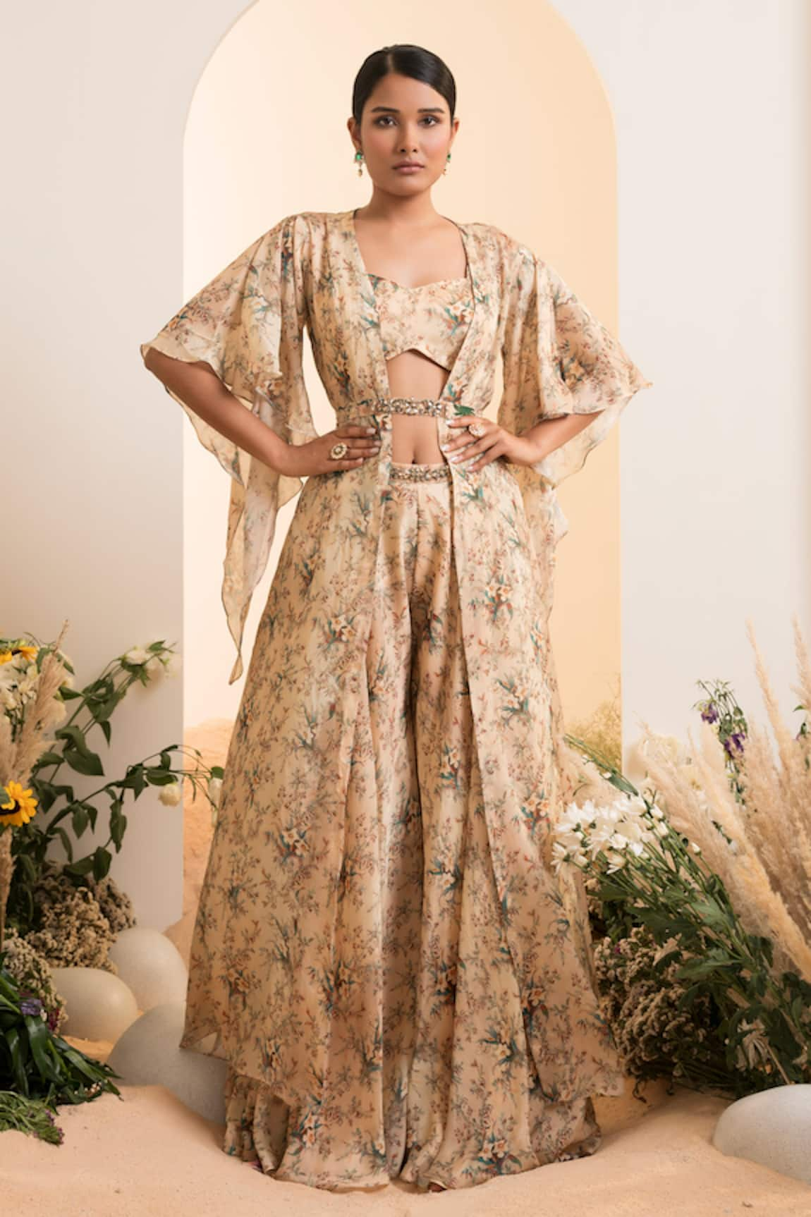 PRESTO COUTURE Blossom Print Cape Sharara Set