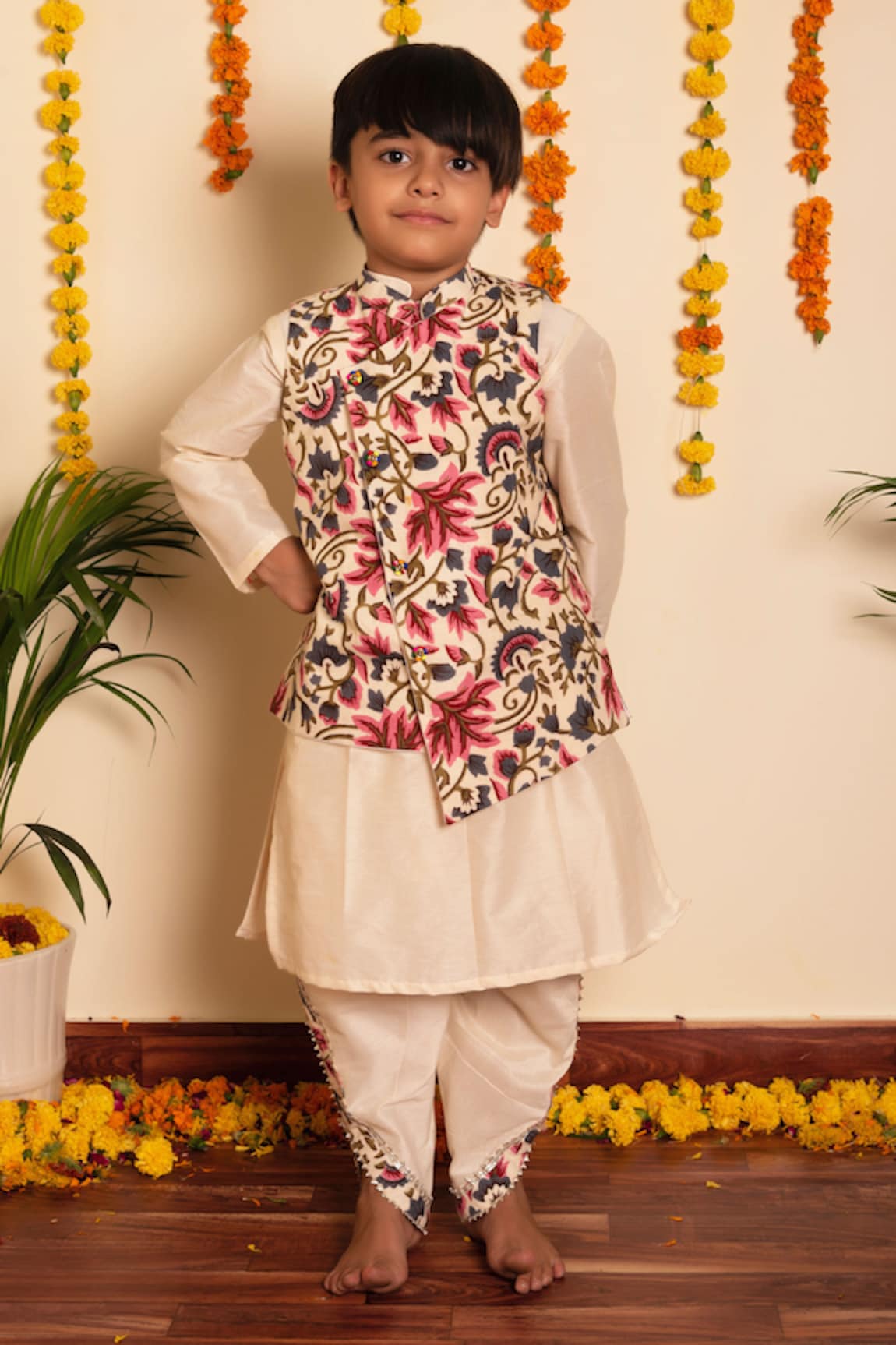 POMCHA JAIPUR Garden Rose Print Bundi With Dhoti Pant Set