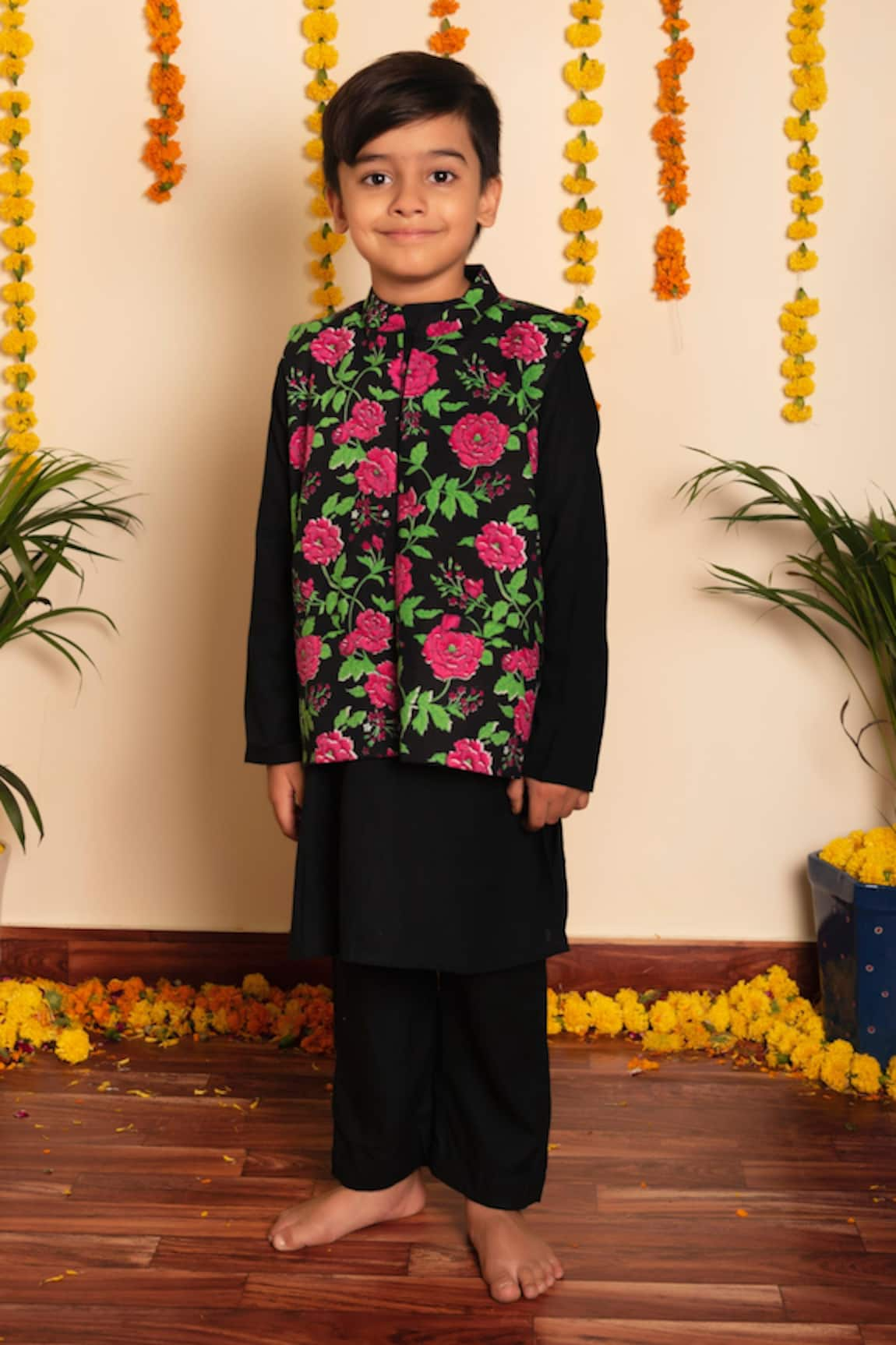 POMCHA JAIPUR Bachpan Gulmohar Block Print Bundi With Kurta Set