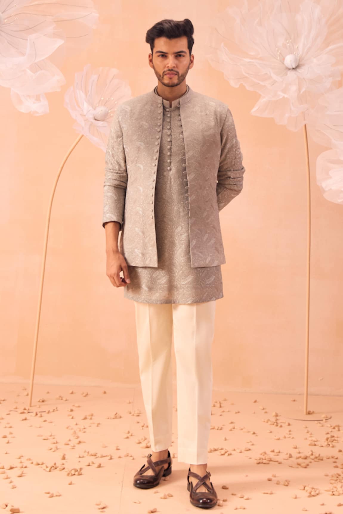 Contrast By Parth Misty Hand Embroidered Nehru Jacket & Kurta Set