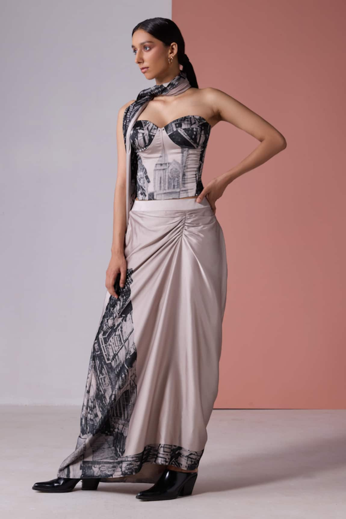 JYOTI SACHDEV IYER Paris Print Pre-Draped Saree With Corset