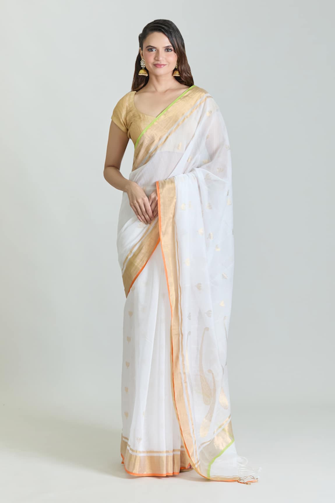 Mint N Oranges Pure Chanderi Woven Saree With Unstitched Blouse