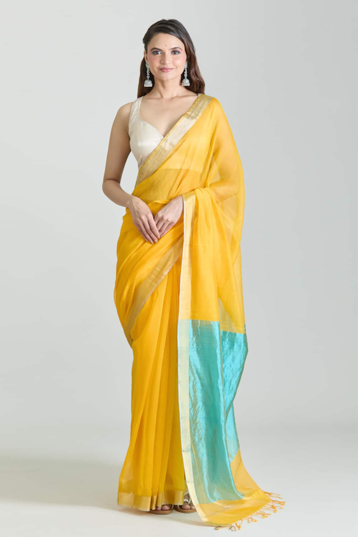 Mint N Oranges Chanderi Woven Saree With Unstitched Blouse Piece