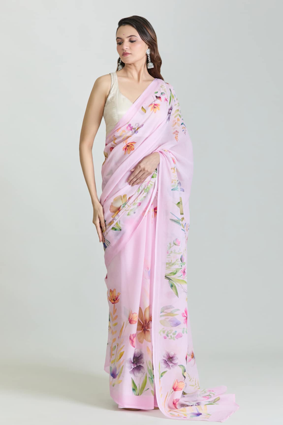 Mint N Oranges Bloom Print Saree With Unstitched Blouse Piece