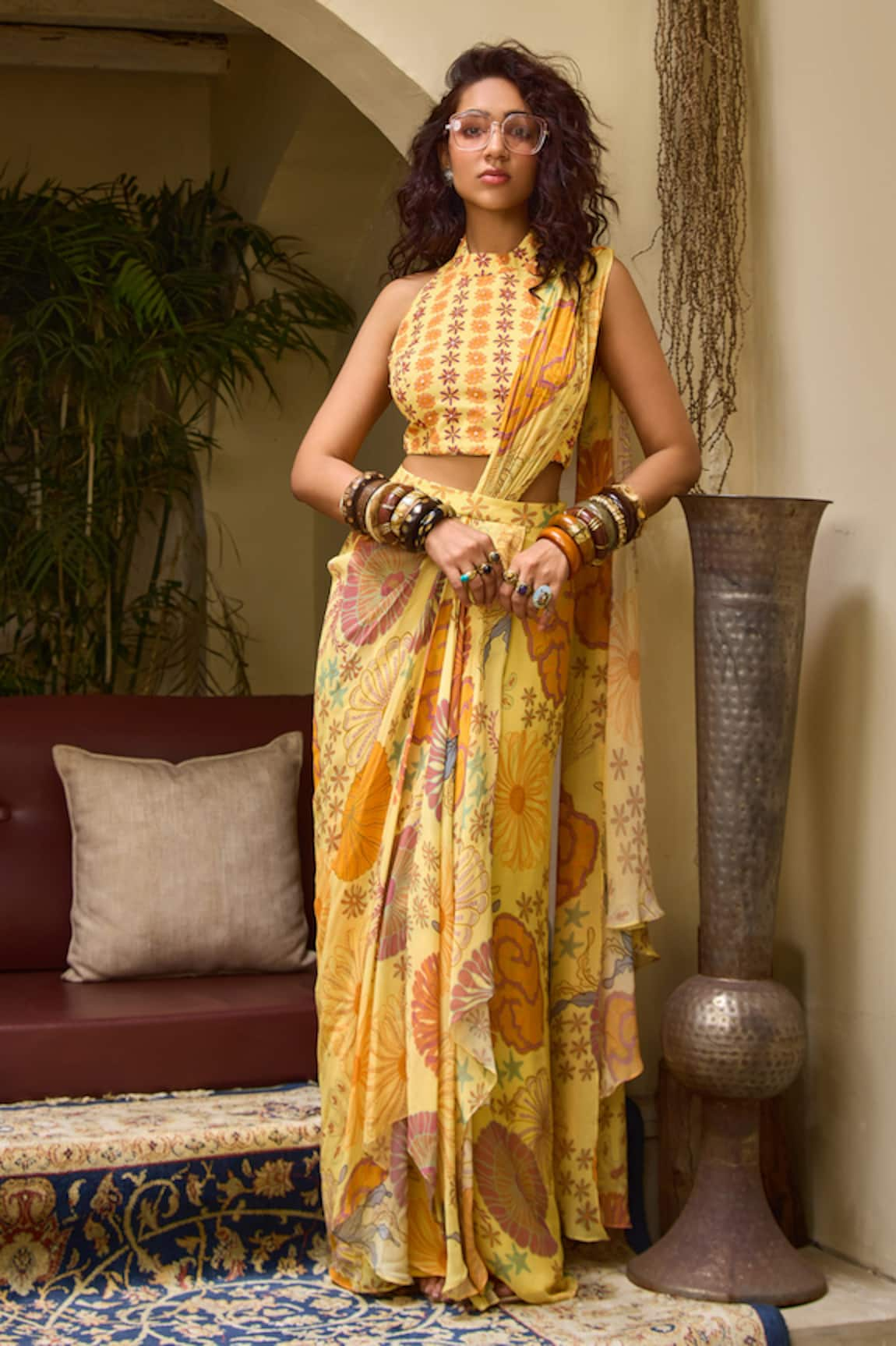 DiyaRajvvir Blossom Print Pre-Draped Saree With Blouse