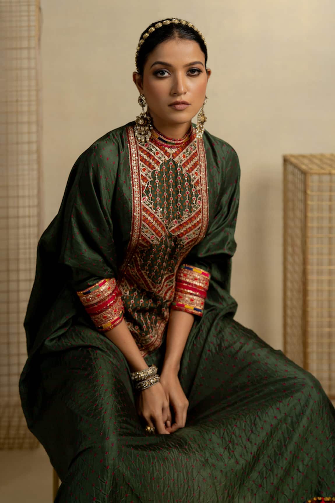 Pooja-Keyur Bandhani Pattern Kaftan & Gulbahar Pant Set