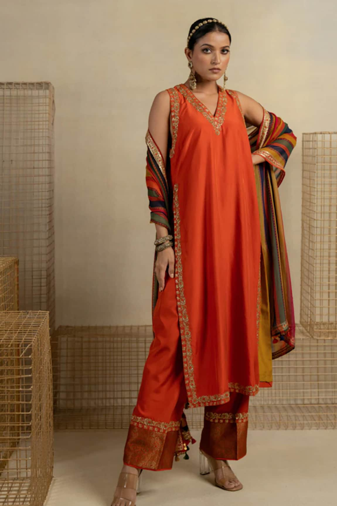 Pooja-Keyur Silk Placement Embroidered Kurta With Pant