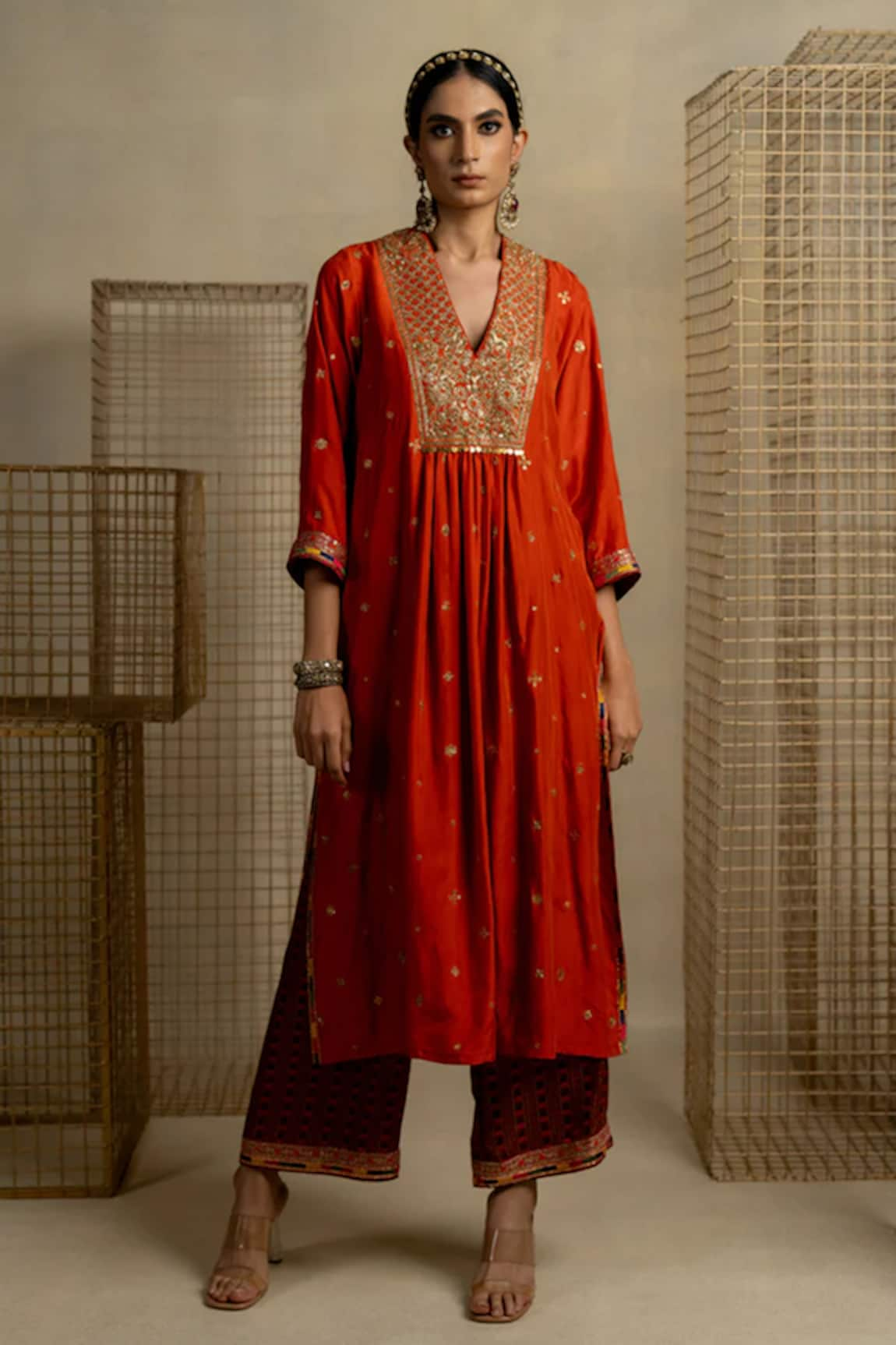 Pooja-Keyur Aari Embroidered Yoke Kurta With Gulbahar Pant