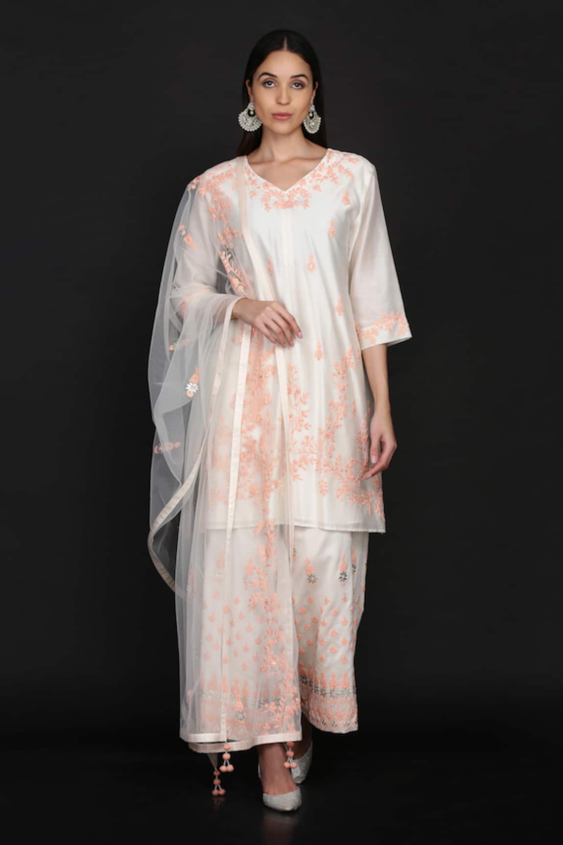 Anju & Harleen Dori Floral Embroidered Kurta Palazzo Set 