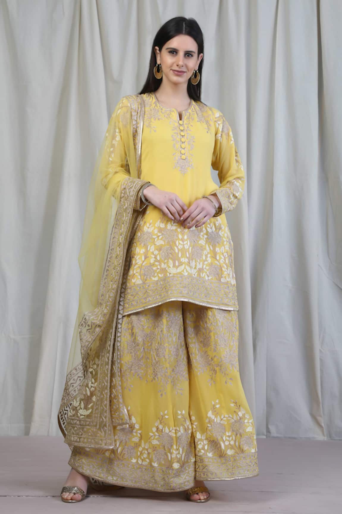 Anju & Harleen Zari Floral Embroidered Kurta Sharara Set 