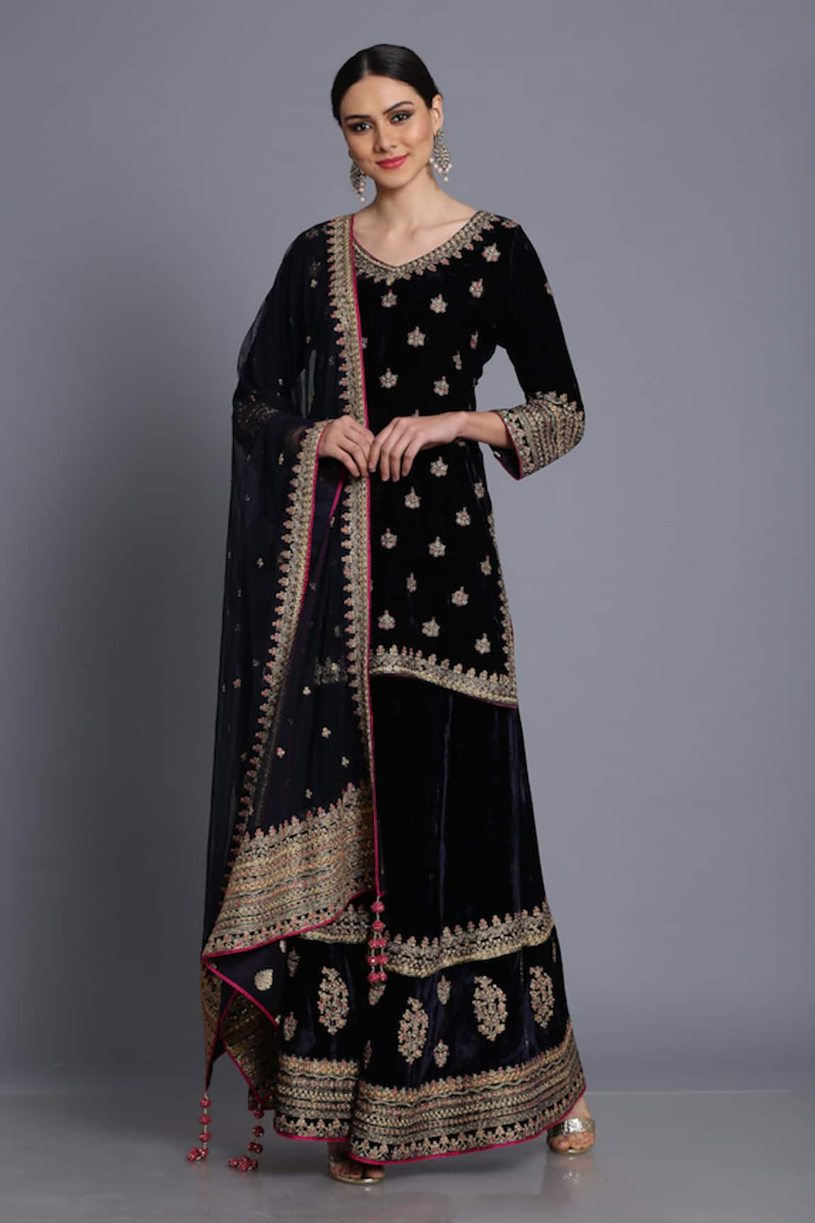 Anju & Harleen Zari Floral Butti Embroidered Kurta With Sharara 