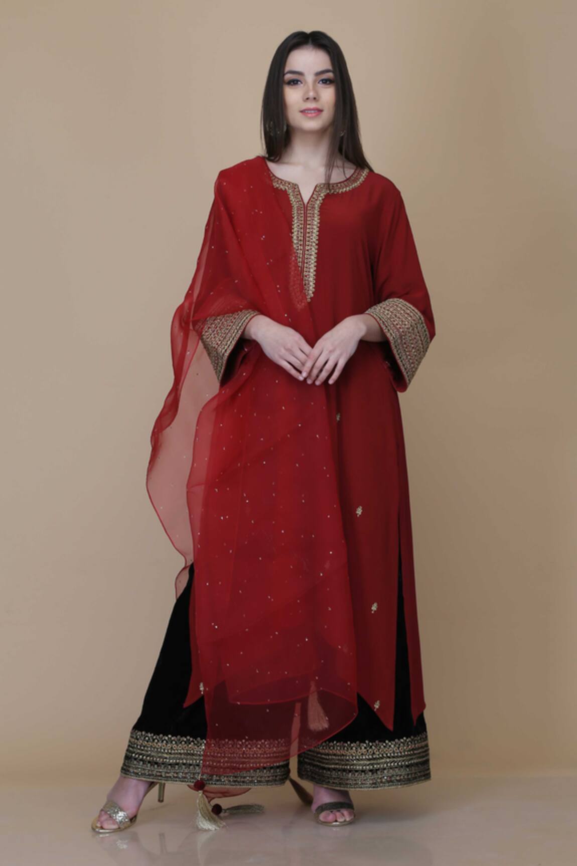 Anju & Harleen Zari Butti Embroidered Asymmetric Kurta Sharara Set