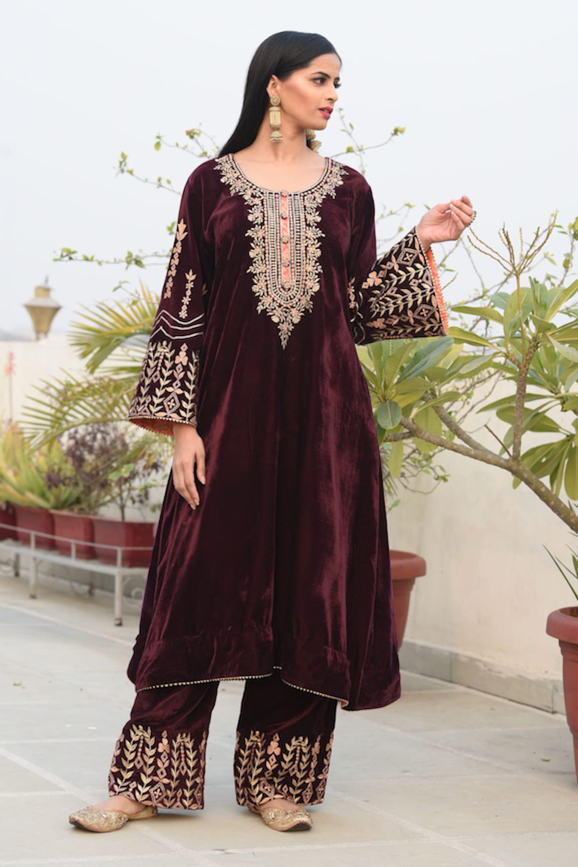 Anju & Harleen Velvet Zari Embroidered Kurta With Palazzo