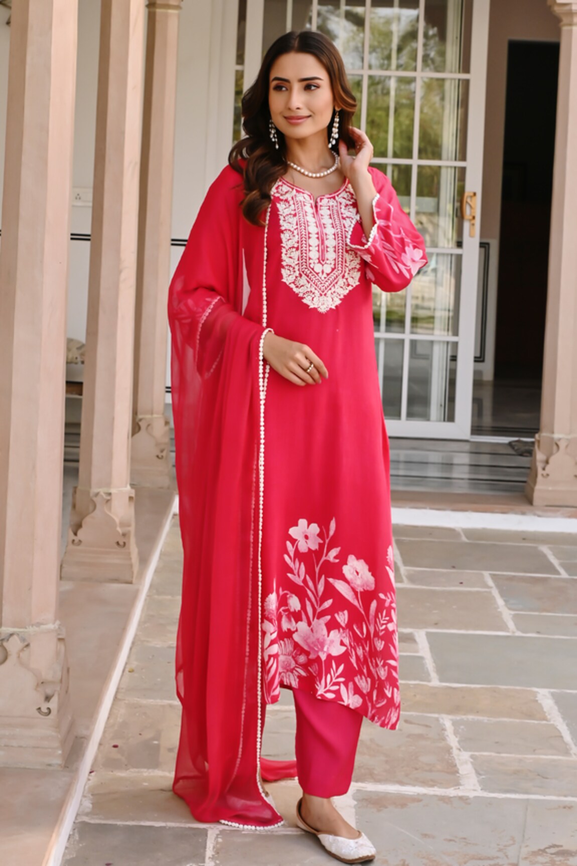 KARAJ JAIPUR Floral Embroidered Yoke Kurta Pant Set