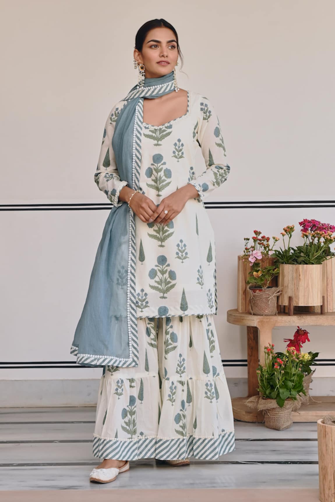 KARAJ JAIPUR Straight Floral Bud Print Kurta Sharara Set