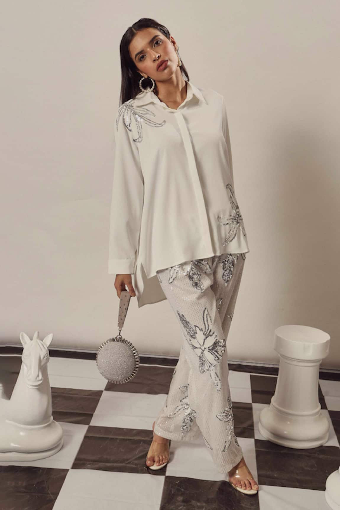 Tasuvure Bianca Borage Floral Embroidered Shirt & Pant Set