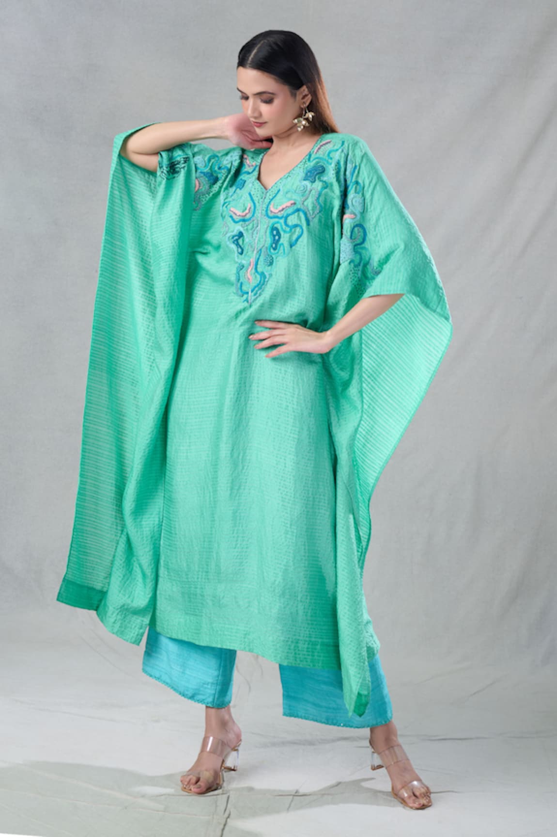 Bhusattva Resham Neckline Embroidered Kaftan & Pant Set