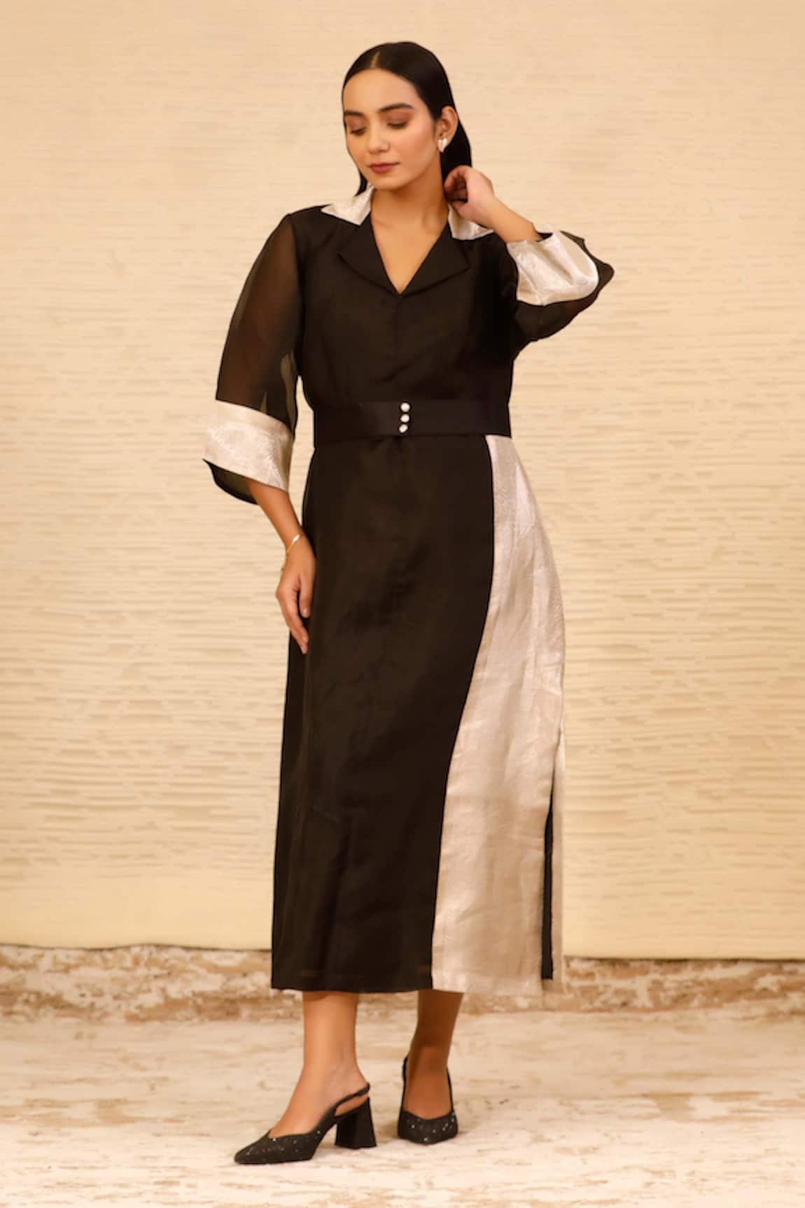 Eeda Collared Patchwork Midi Dress 