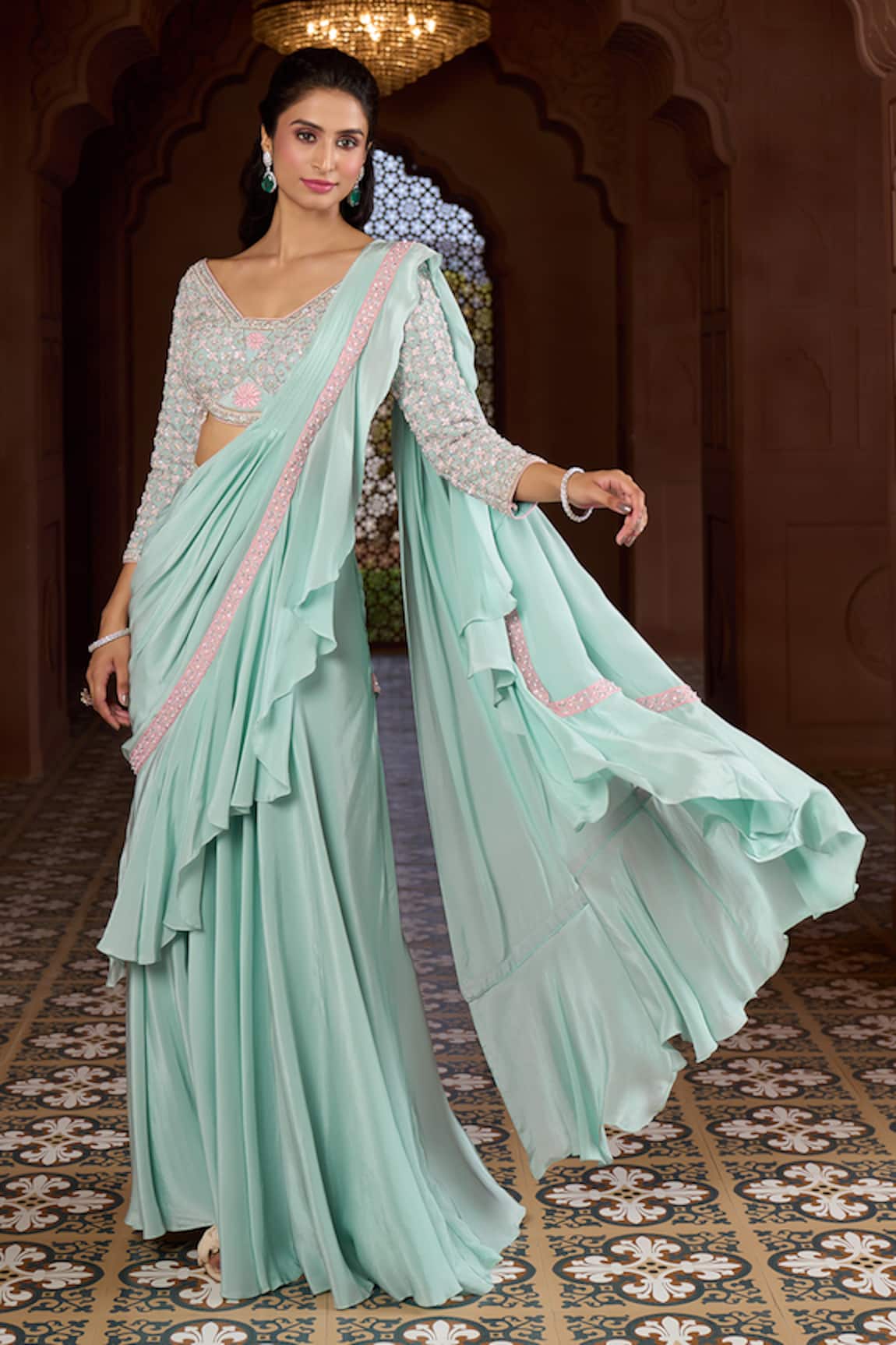Aariyana Couture Ruffled Lehenga Saree With Embroidered Blouse