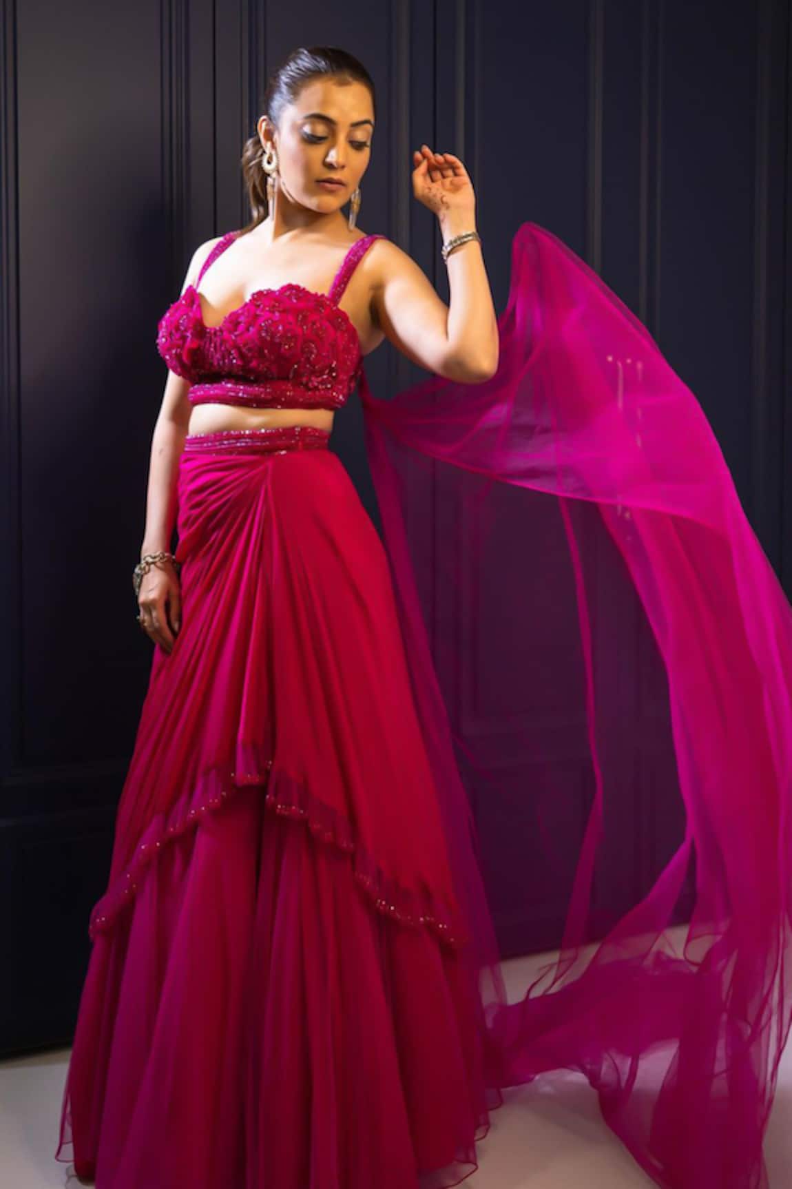 Babita Malkani Embroidered Floral Top & Layered Lehenga Set 