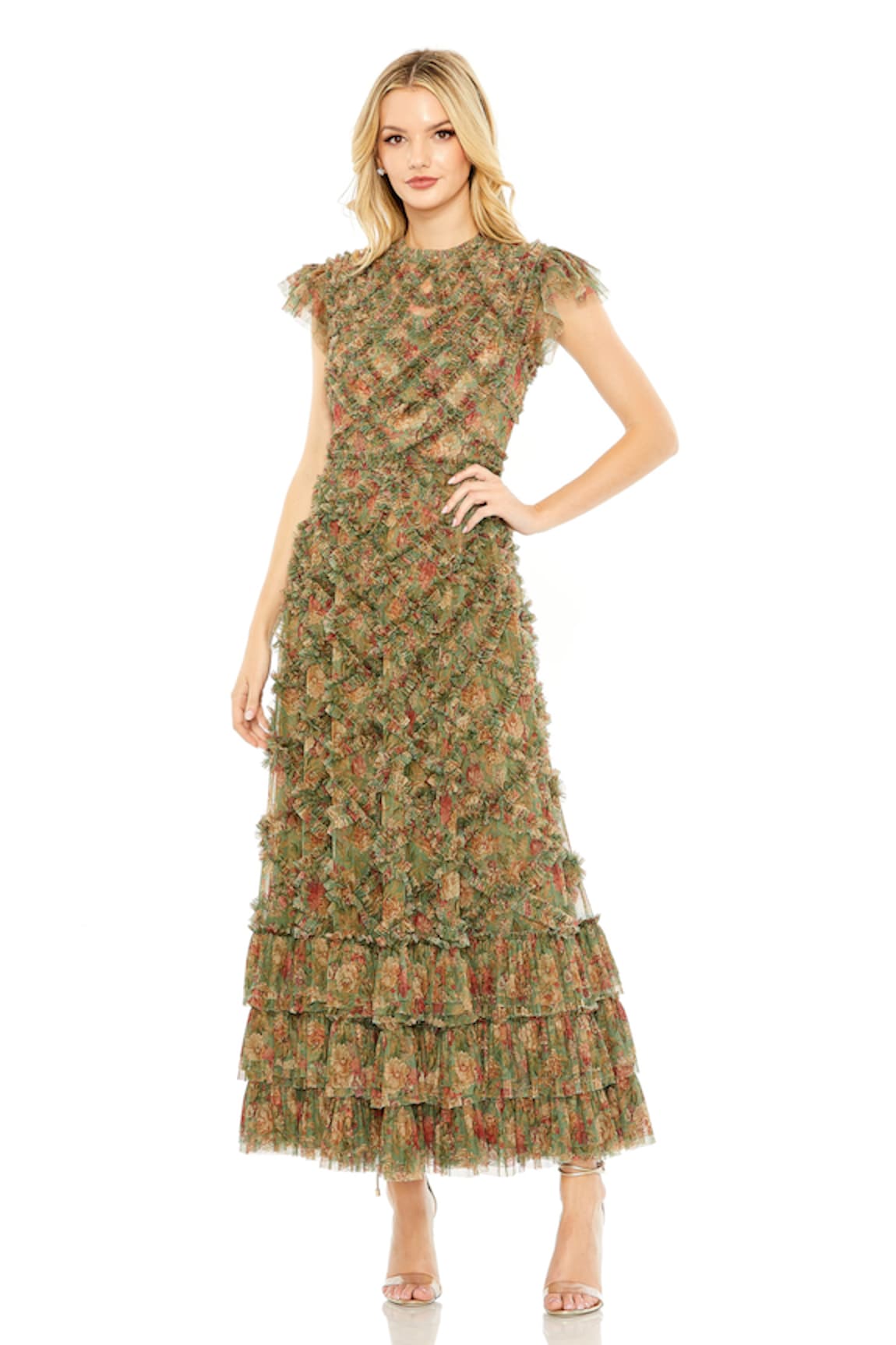 Mac Duggal Persian Garden Print Ruffled Check Midi Dress