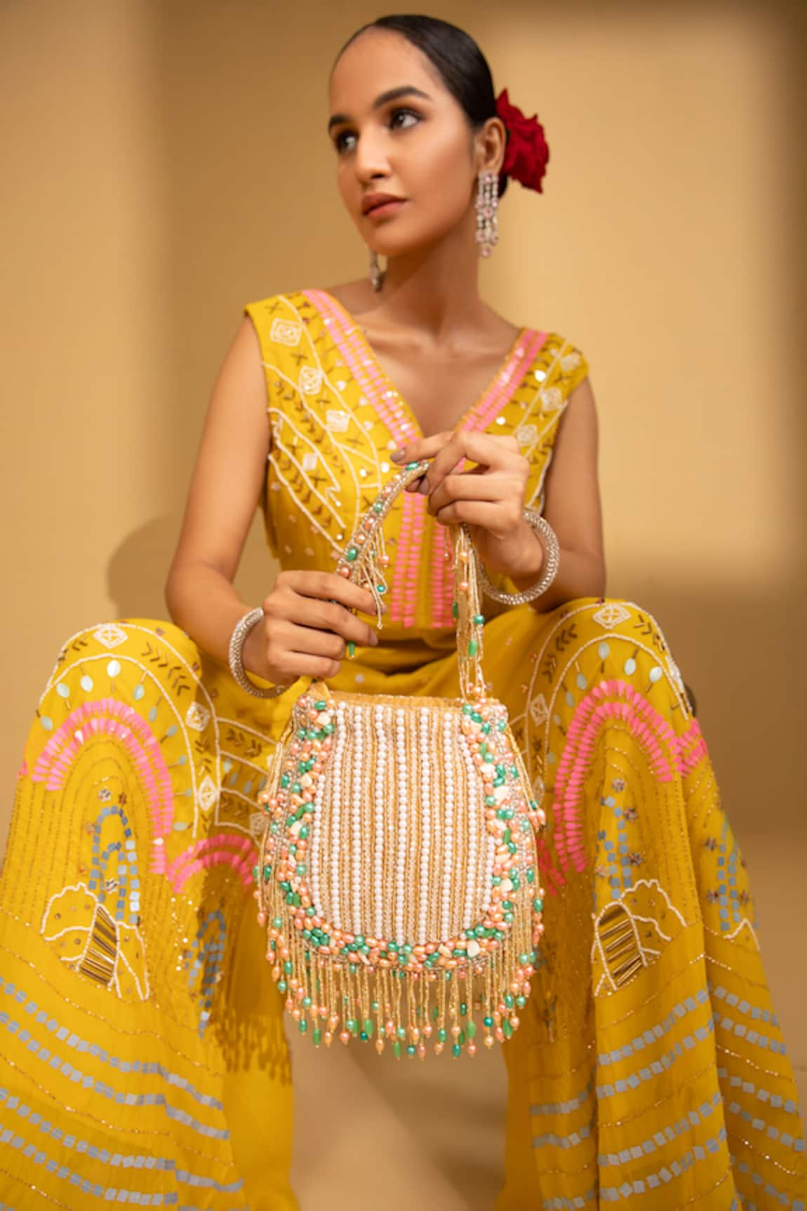 MODARTA Bead Crystal Stripe Embellished Potli