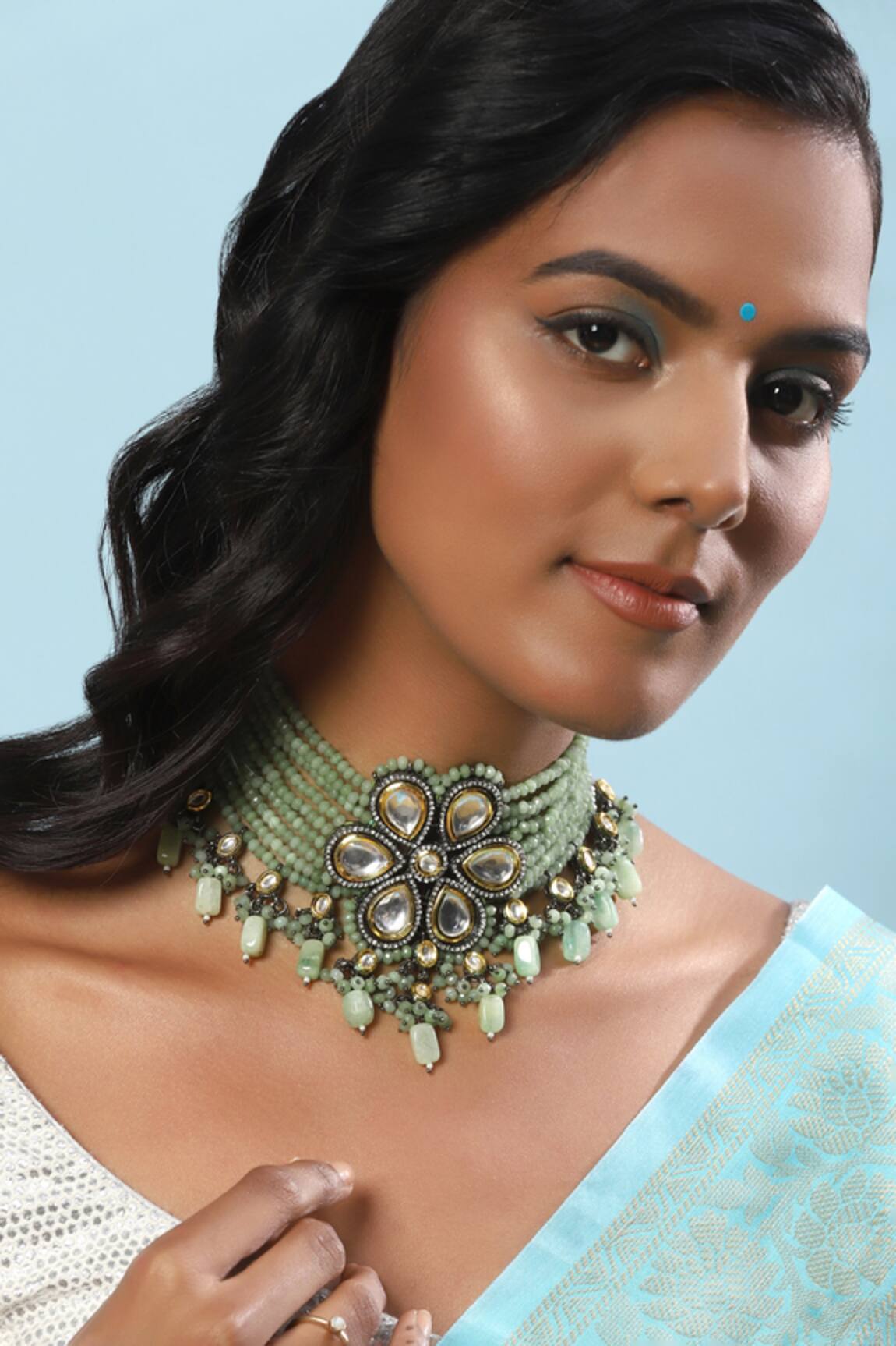 Ruby Raang Kundan Beaded Green Choker Necklace 