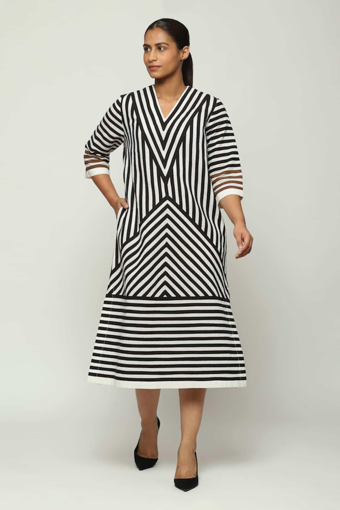 Abraham & Thakore Geometric Striped Applique Midi Dress