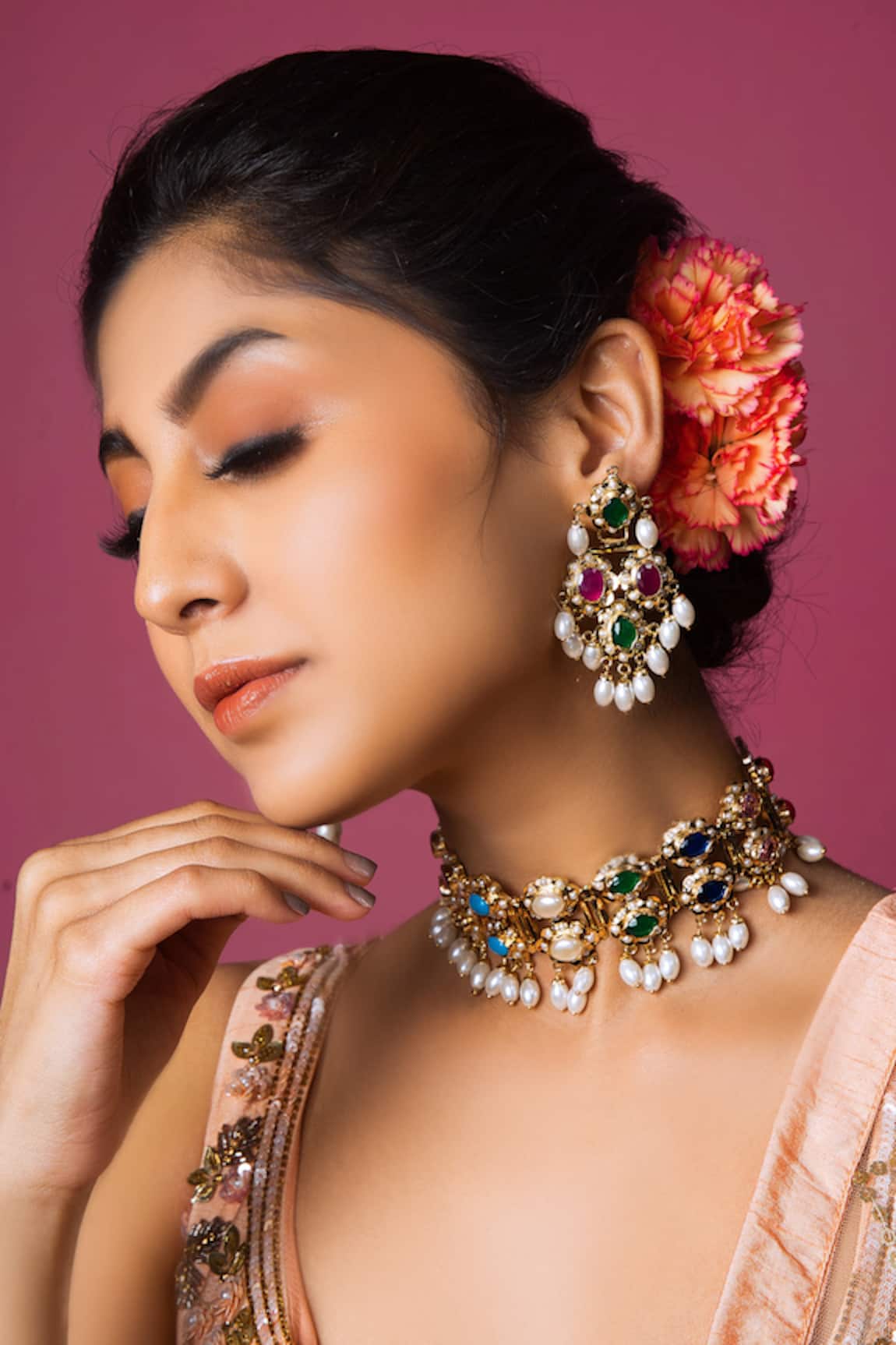 Queens Jewels Stone Studded Navratna Choker Necklace Set 