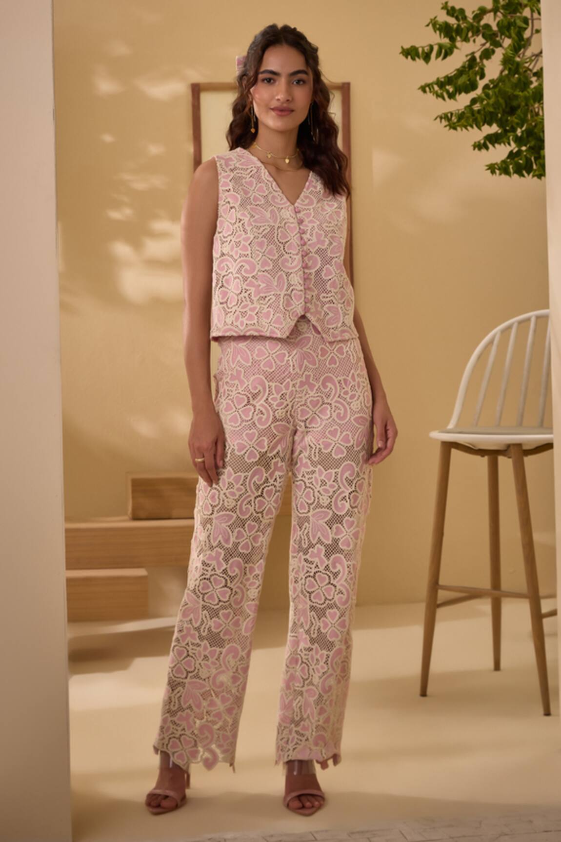 Label Deepika Nagpal Lace Mesh Vest With Pant 