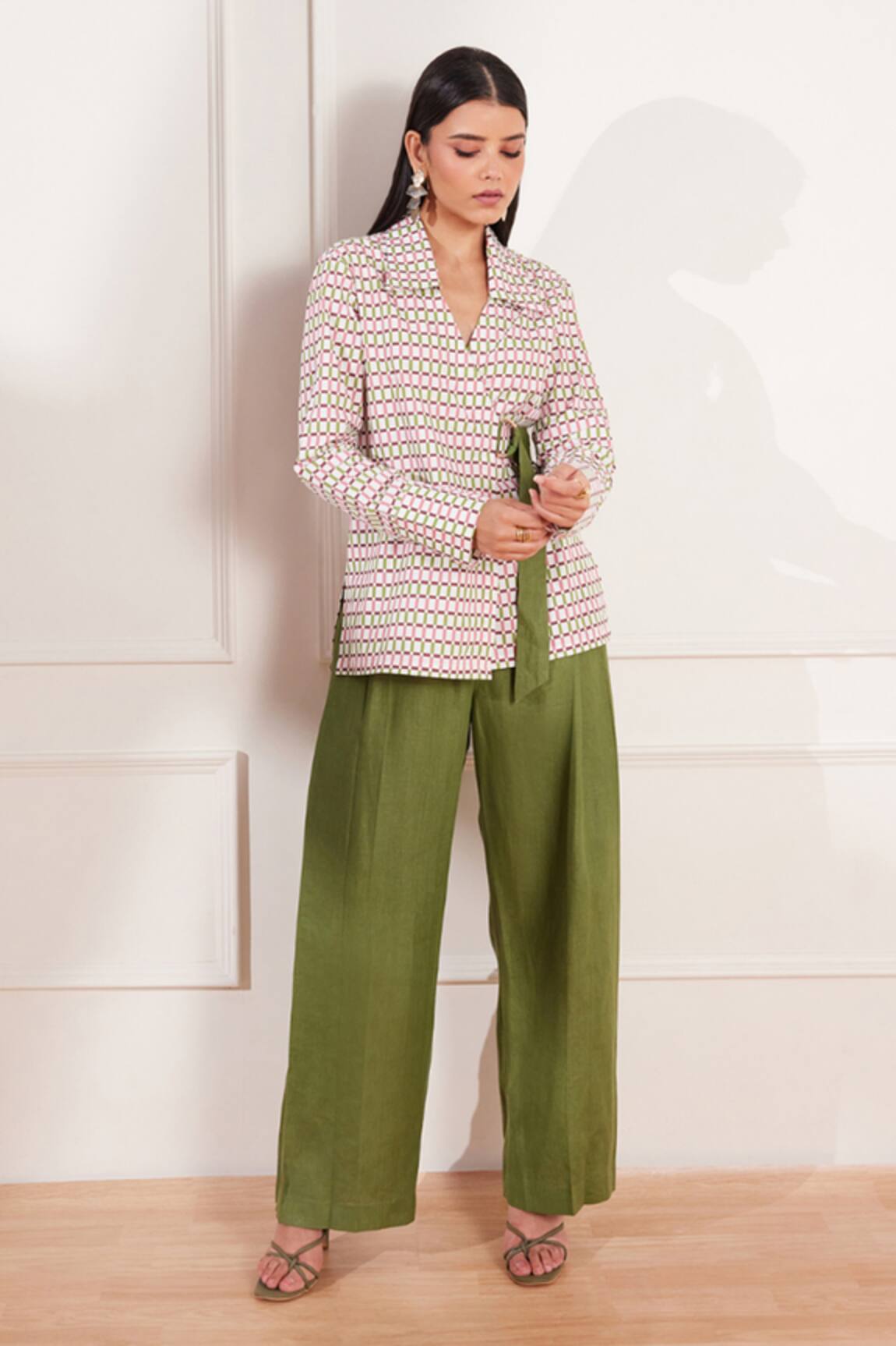 Tara And I Checks Please Geometric Print Wrap Shirt