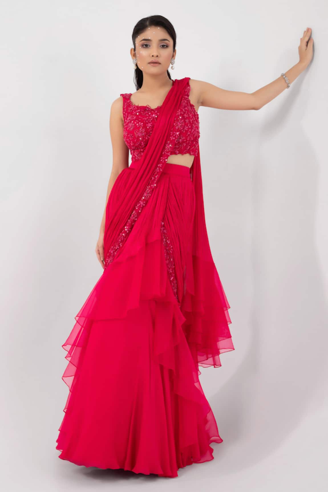 Smriti By Anju Agarwal Ruffle Tiered Pre-Draped Saree With Embellished Blouse