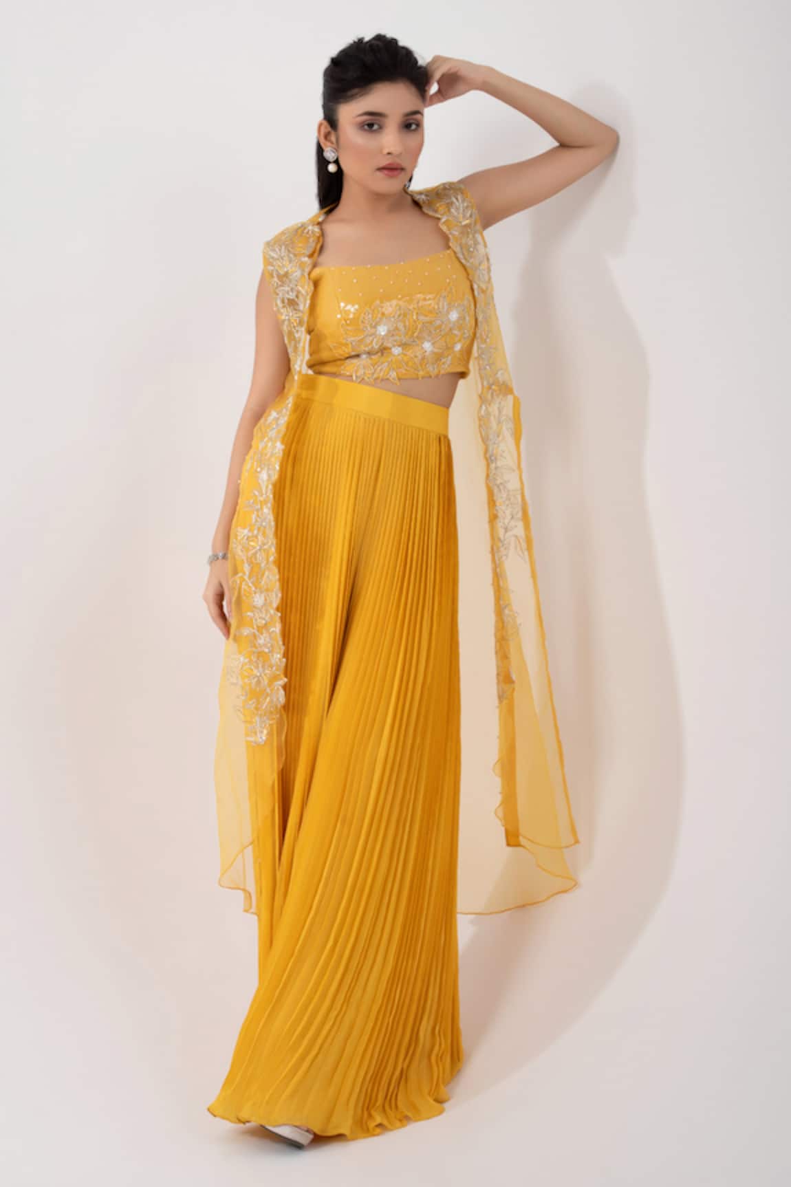 Smriti By Anju Agarwal Floral Embroidered Sheer Jacket Pleated Flared Pant Set 