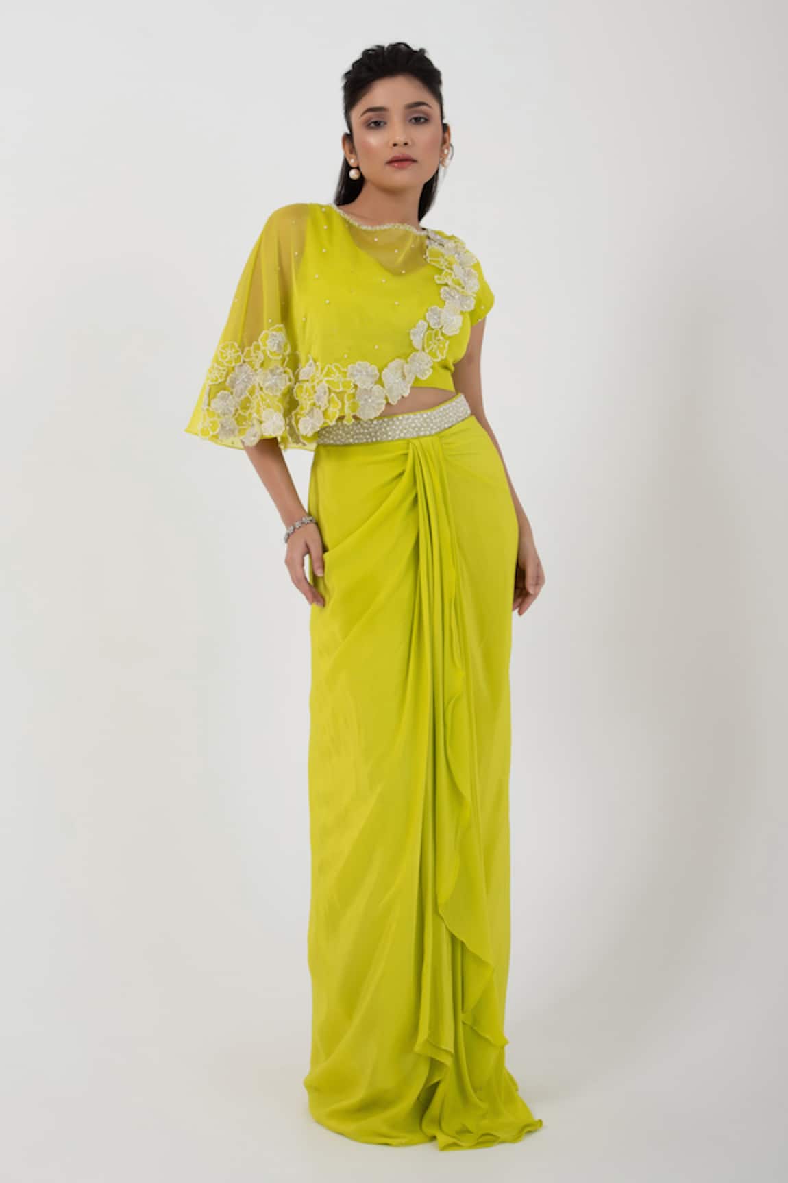 Smriti By Anju Agarwal Floral Applique Embellished Cape Draped Skirt Set