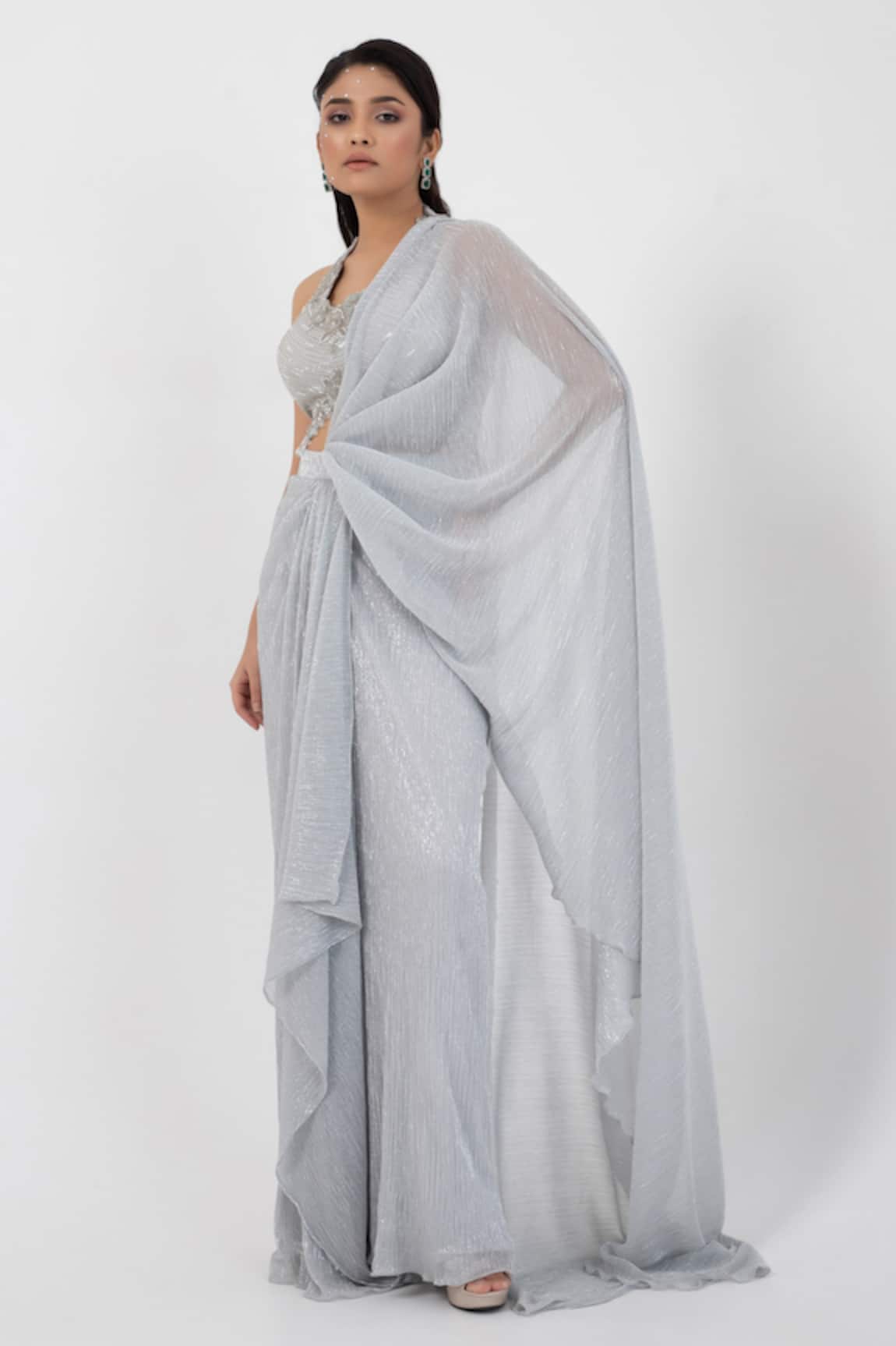 Smriti By Anju Agarwal Textured Pre-Draped Saree With Embellished Blouse 