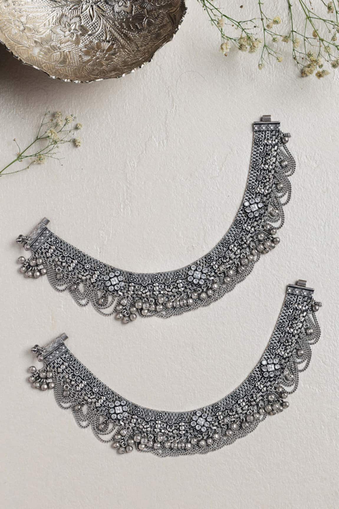 Mero Jewellery Cubic Zirconia Embellished Cutwork Anklet - Set of 2